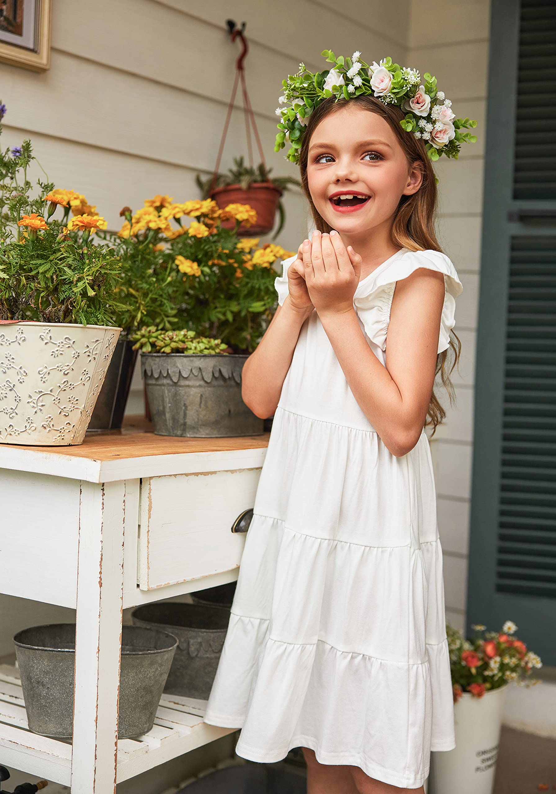Arshiner Filles Robes d‘été Manches Volantées Enfants Coton Loisir Robe Col Rond Élégante Manches Courtes Robes de Fête pour Fille 4-14 Ans