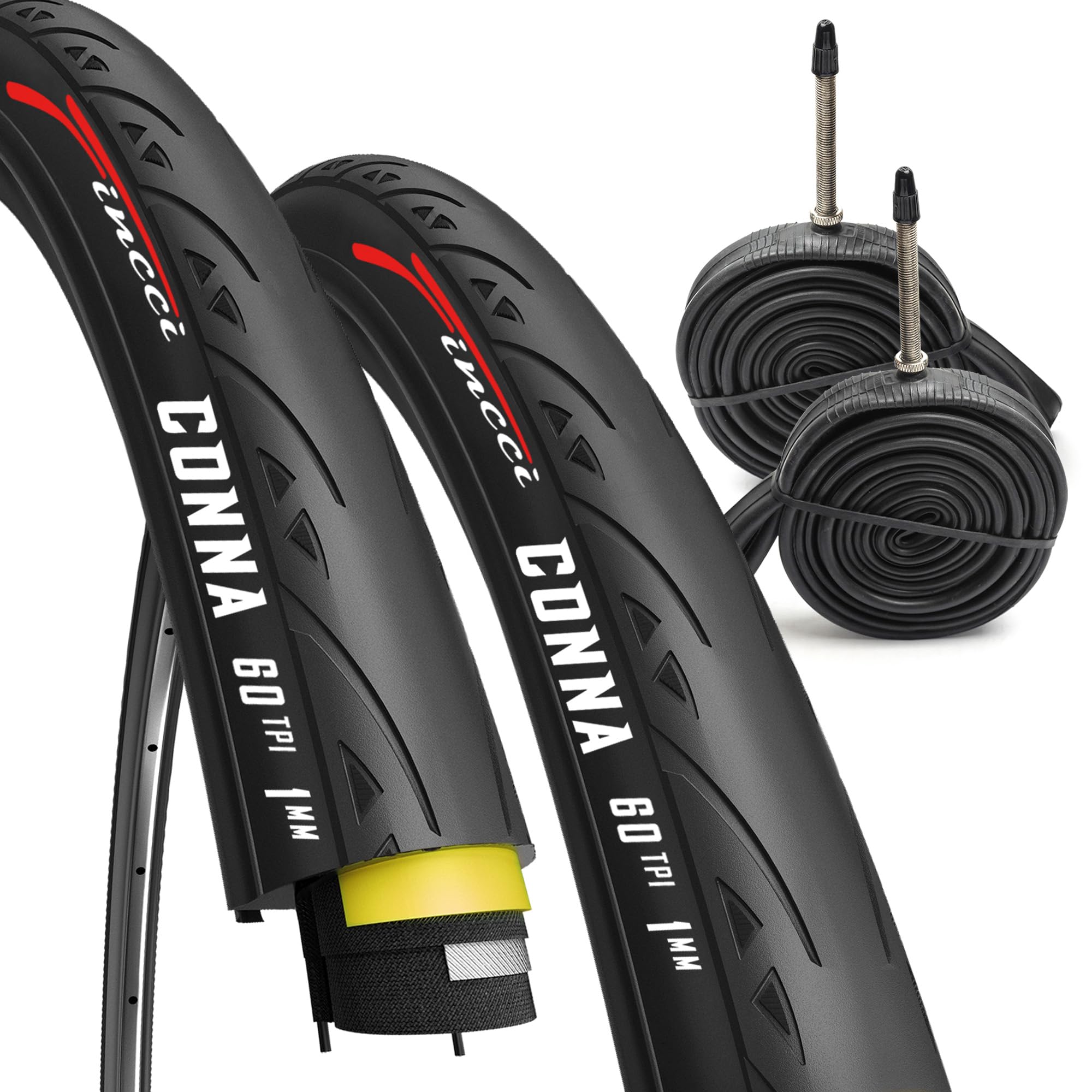 Fincci Rennradreifen 700x25c – 2er Set Slick- Faltreifen 28 Zoll mit 1 mm Nylon-Pannenschutz & 2X 25-622 Presta-Schläuchen, Fahrradmantel 28" 60 TPI für Rennrad, Carrera, Ebike, Straße & Tourenrad