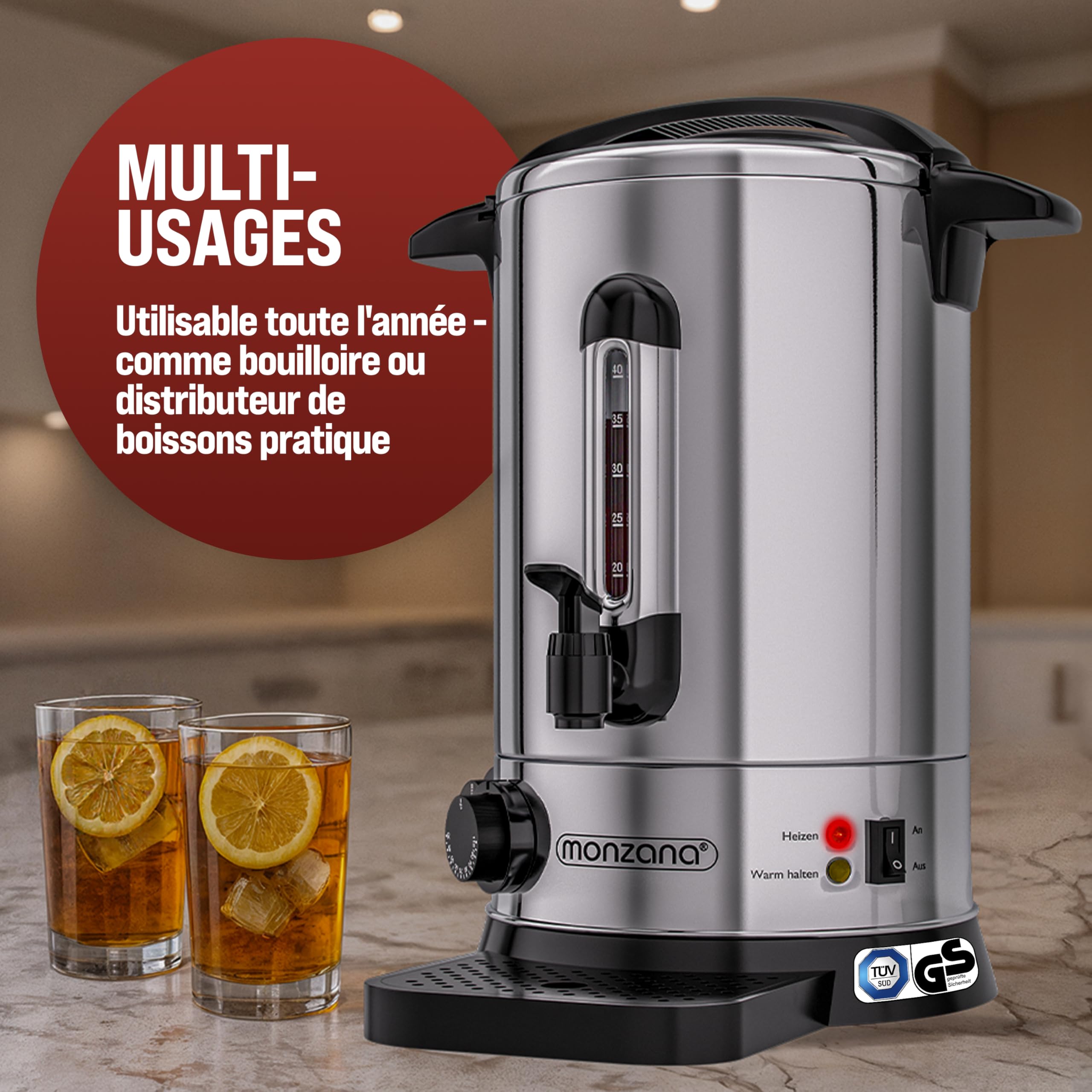 MONZANA® Distributeur de boissons chaudes 8,8L en acier inoxydable Bouilloire Marmite à vin chaud 950W Chauffe eau avec température réglable 40 tasses