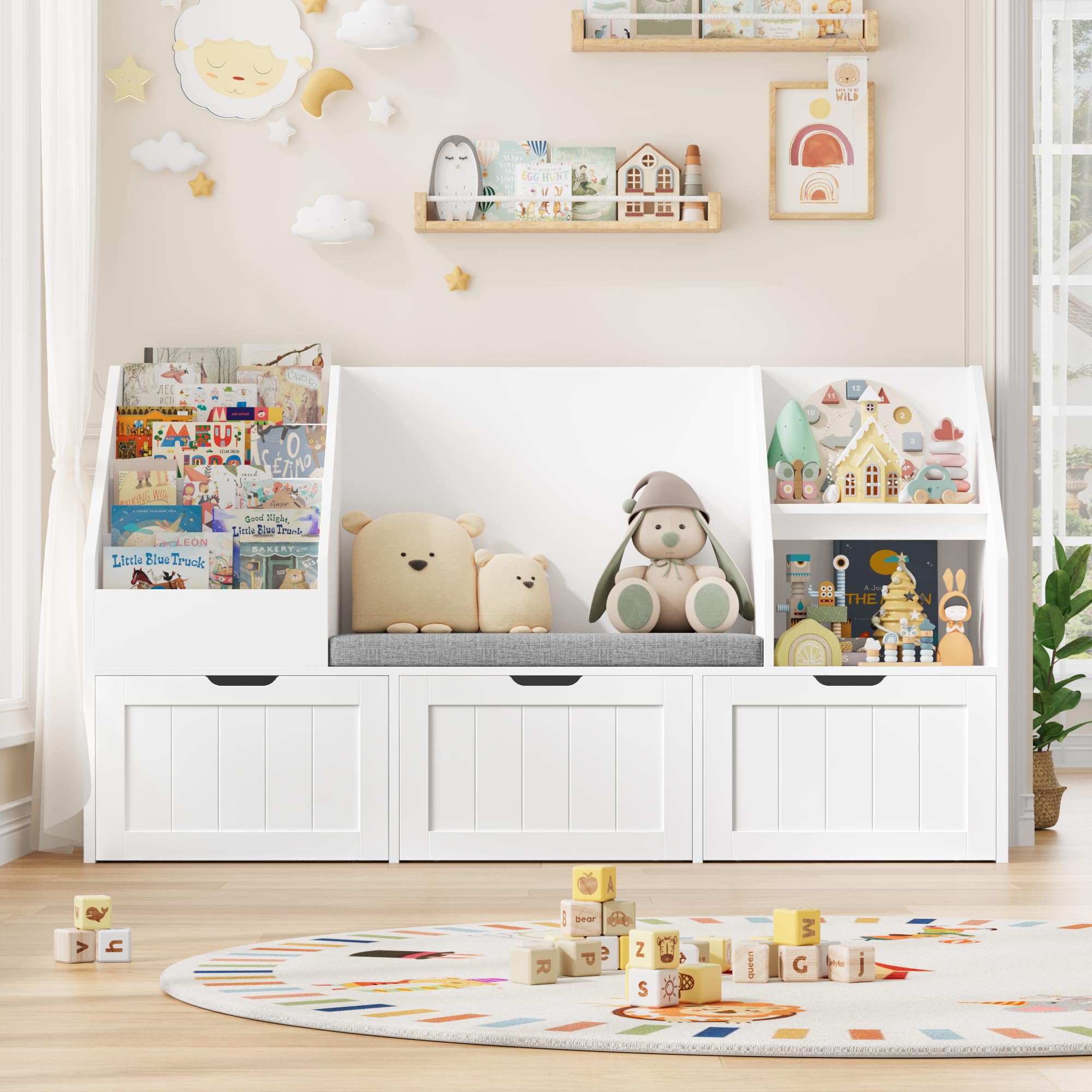 FOREHILL Libreria Montessoriana per Bambini, Porta Giochi Bambini con Cuscini, Libreria Panca a 4 Ripiani, Mobile Porta Giochi a 3 Cassetti con Ruote, per Cameretta, Studio, 140x39.5x80 cm (Bianco)