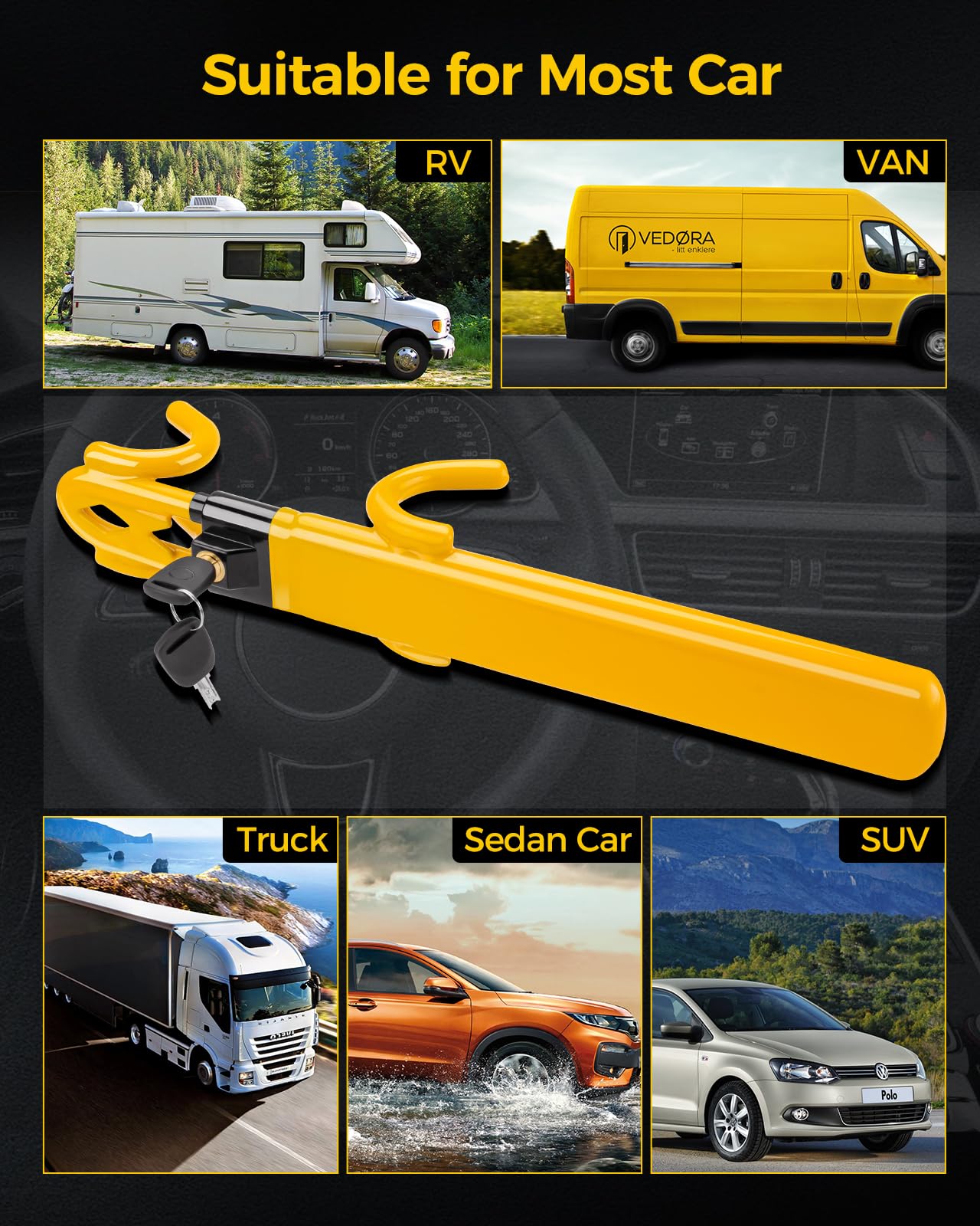 KYX Verrou de volant pour voiture – Double crochet antivol et verrou de sécurité robuste pour voiture avec verrouillage réglable et 2 clés – SUV, camionnette, camionnette (jaune)
