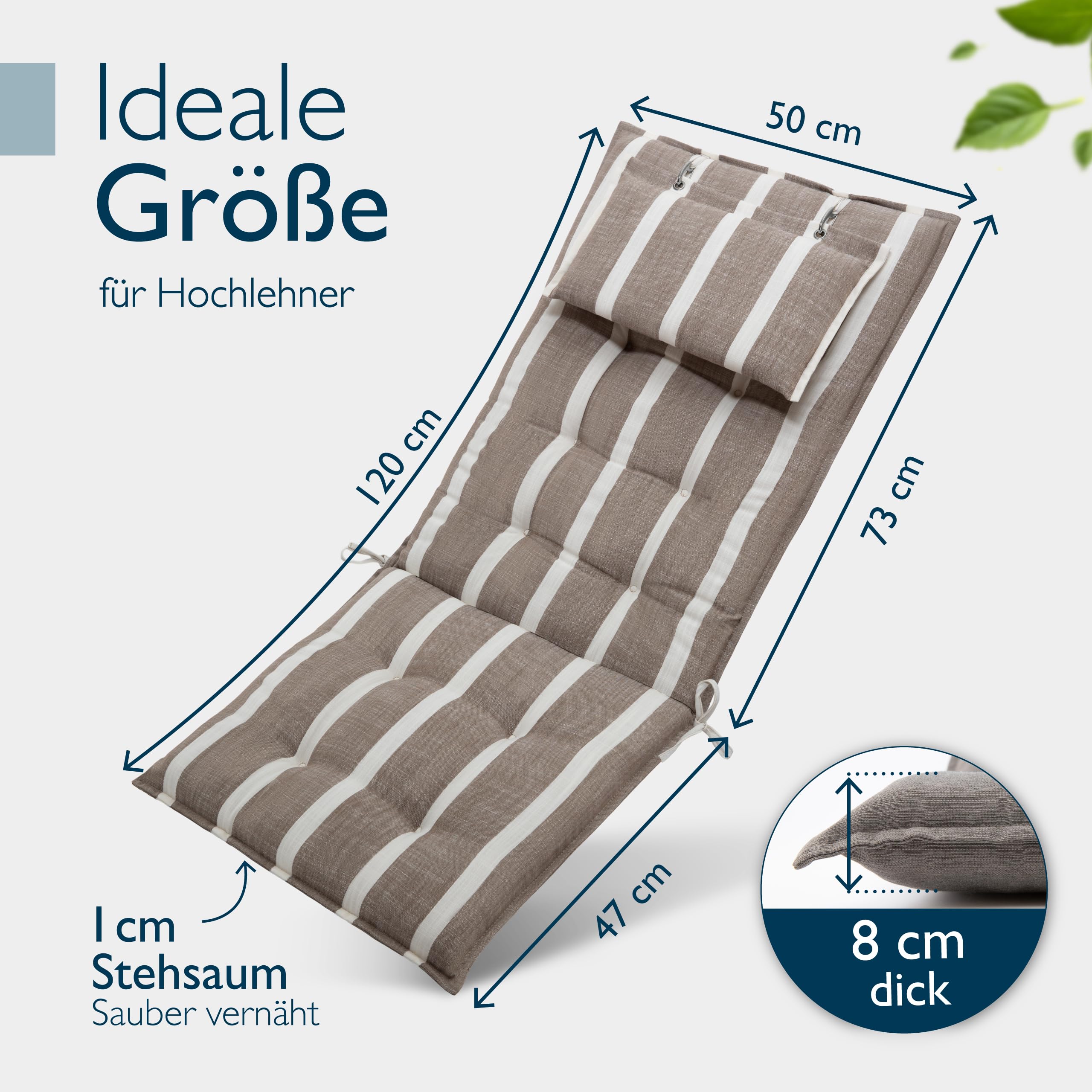 Beautissu Premium Cuscino Schienale Alto con Poggiatesta Sedia Giardino | 120x50cm spessore 8cm beige bianche a righe tessuto robusto resistente UV fissaggio antiscivolo Cuscini sdraio esterno Sun-HL