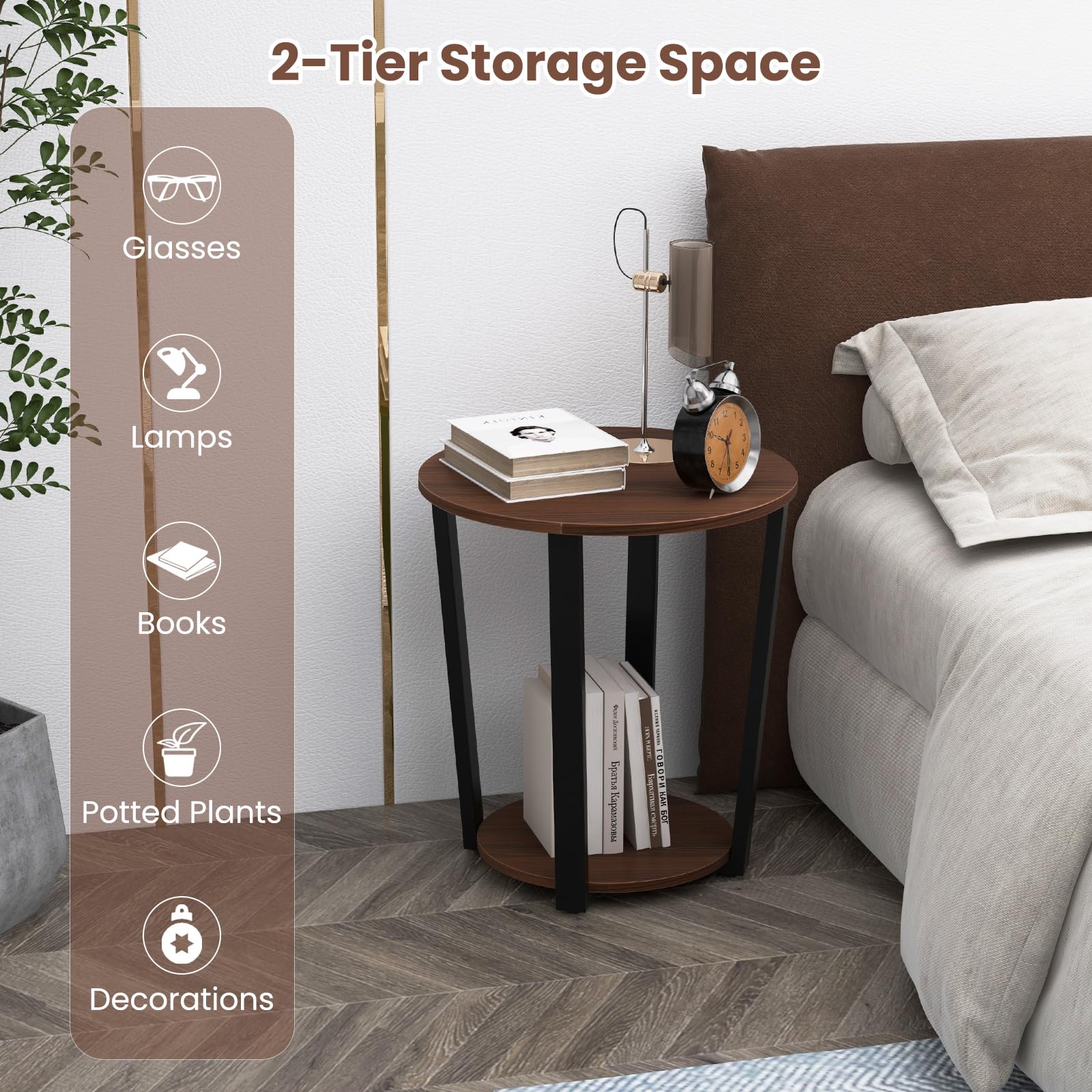 GIANTEX Tavolino ausiliario a 2 livelli, 50 x 50 x 56,5 cm, comodino rotondo con ripiano aperto e telaio in metallo, tavolino da caffè in stile industriale per soggiorno, camera da letto (Nogal)