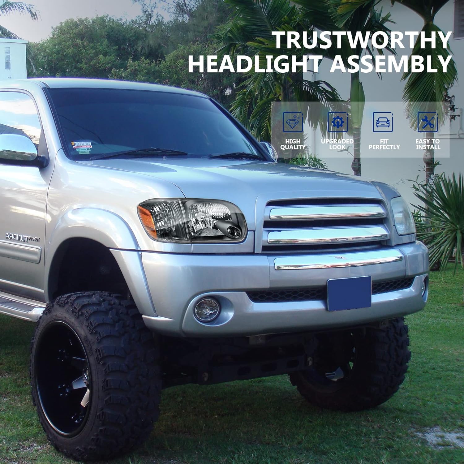 2005-2006 Toyota Tundra 4 Door Double Crew Cab 2005-2007 Sequoia Headlight Assembly Black Case Amber Reflector