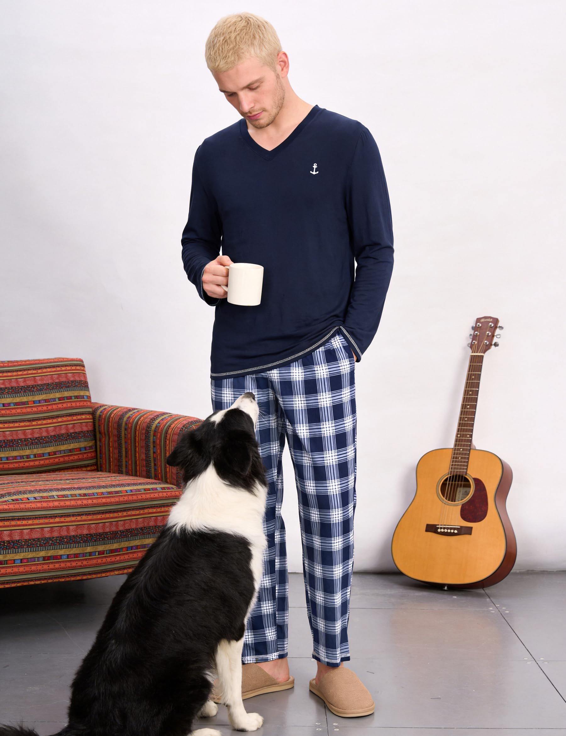Marvmys Pijamas Hombre Invierno Largo Conjunto Algodón Cuello en V Manga Larga Tops Pijama Pantalones con Bolsillo