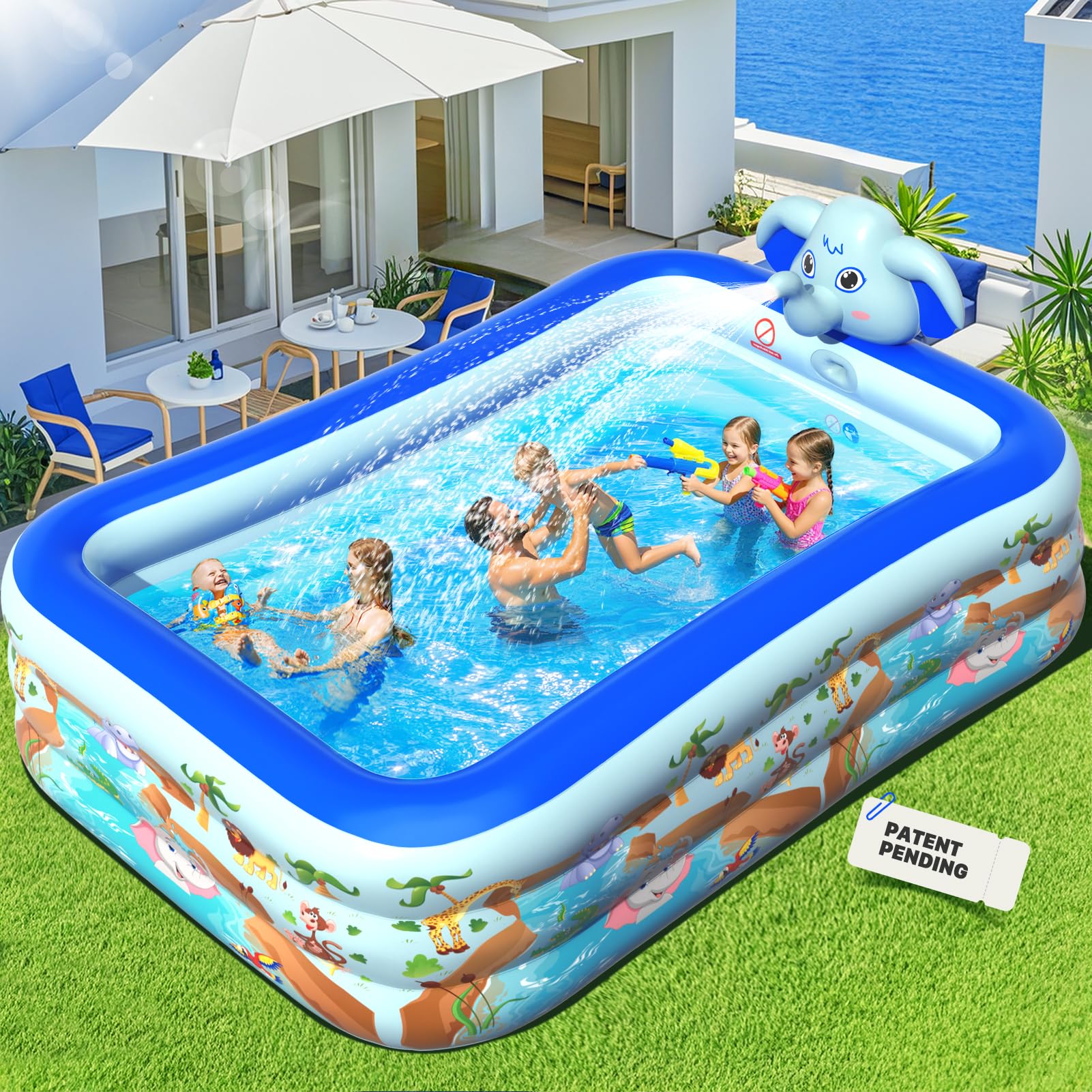 Elephant Inflatable Pool With Sprinkler - Large Family Blow Up Pool For Backyard, 99" X 72" X 22" Size