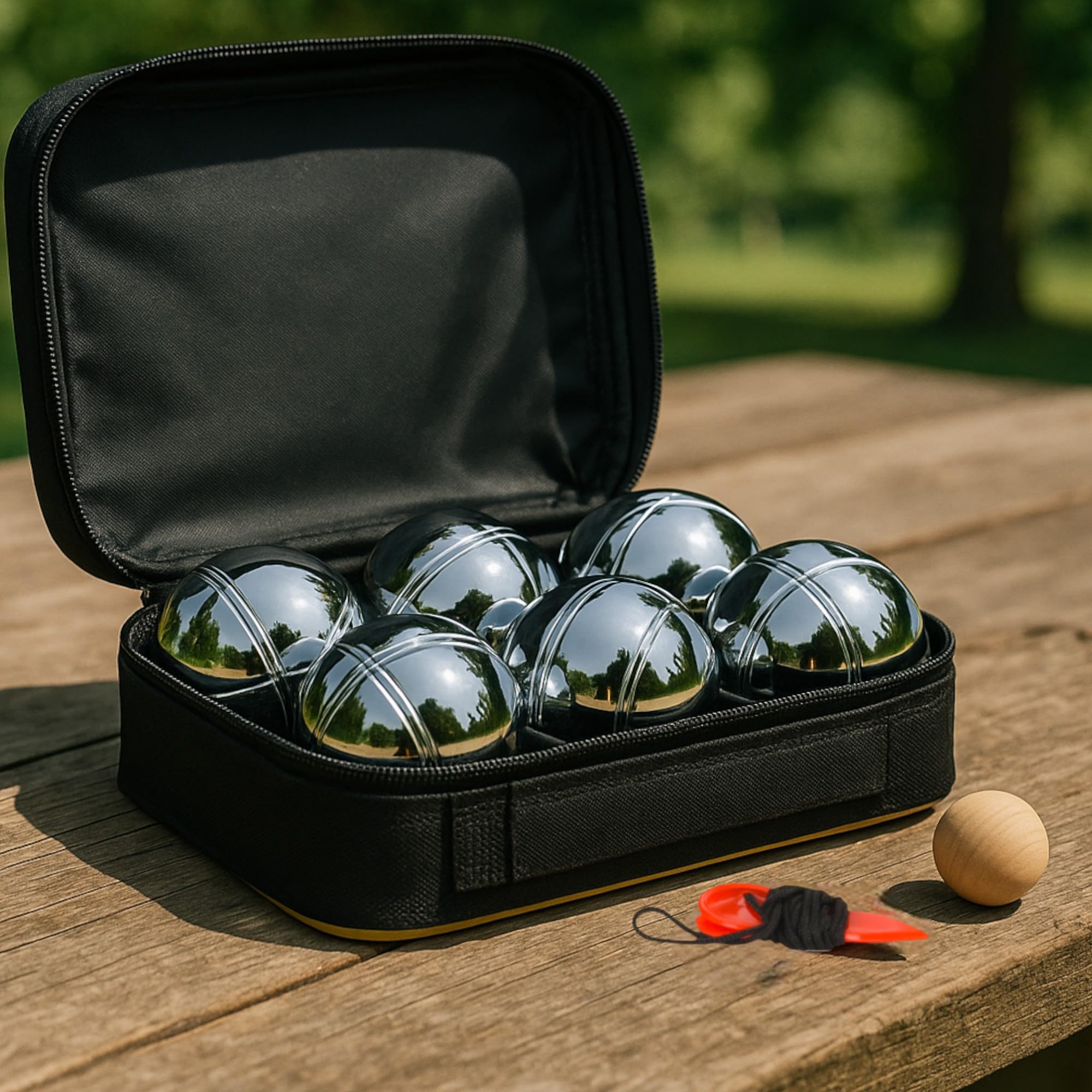 MIJOMA Jeu de Boules zestaw z torbą – 6 metalowych bombek Ø 70 mm po 700 g – Boccia kula z piłką celowniczą i taśmą mierniczą – zestaw boule do ogrodu, na kemping i plażę