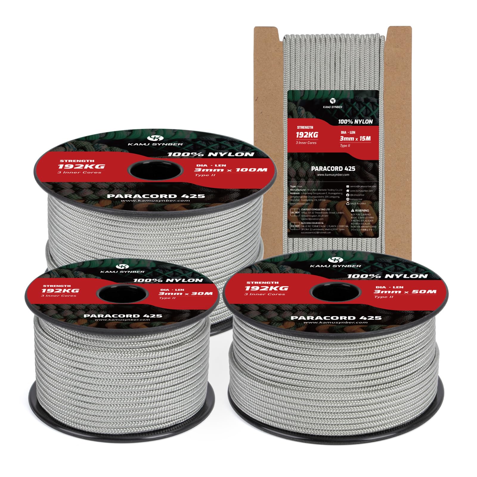 Kamu Synber 425 Paracord 3mm x 100m 100% Nylon Rope 3 Strands Parachute Cord Type II for Outdoor, Crafting, DIY | Support 192kg | Grey