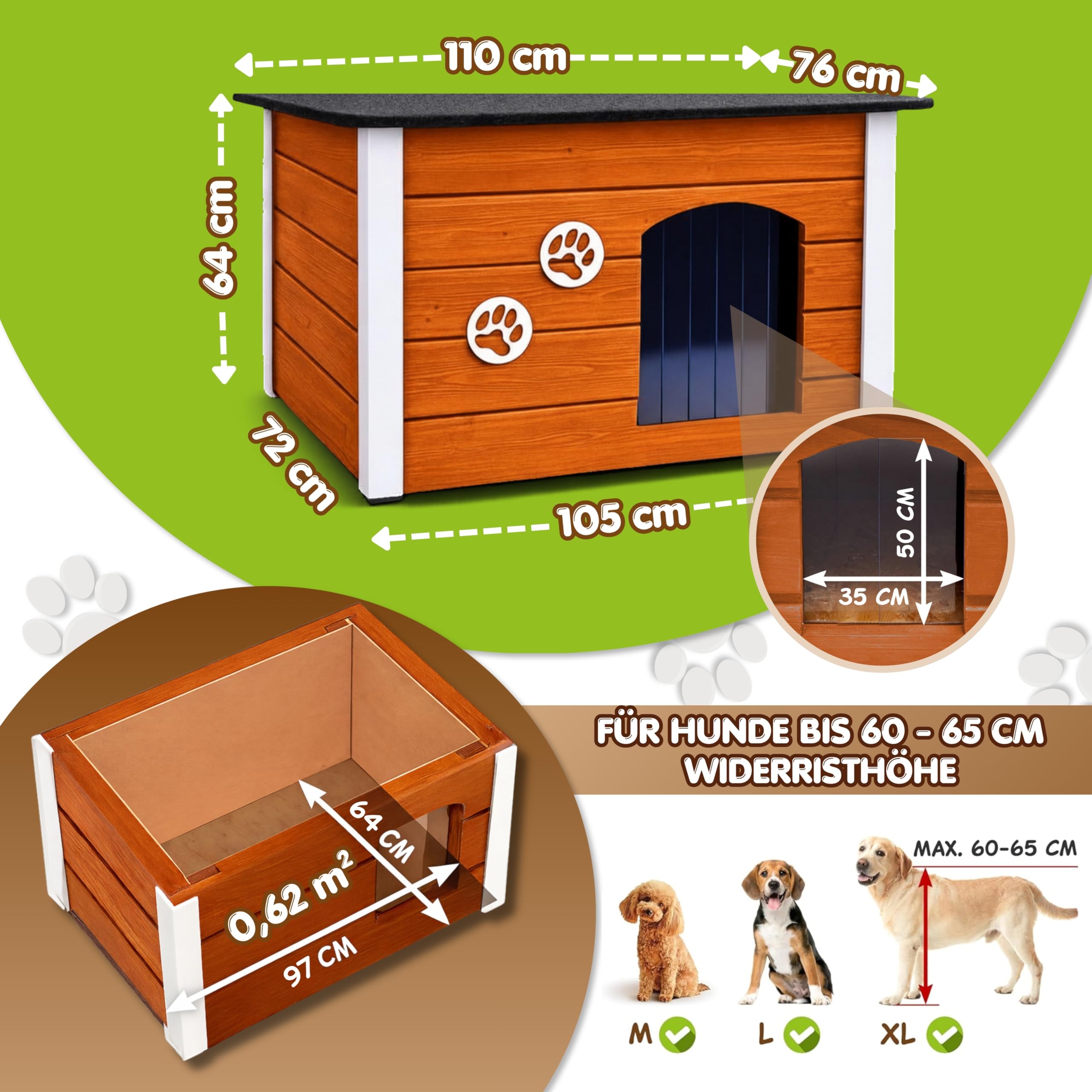 Outentin Hundehütte Outdoor Winterfest - Hundehaus für Große Hund - Isoliert und Wetterfest - Hunde Haus für Draußen mit zum Öffnen Flachdach - Stabile und Moderne Villa - 105 x 71 x 64cm - Teak