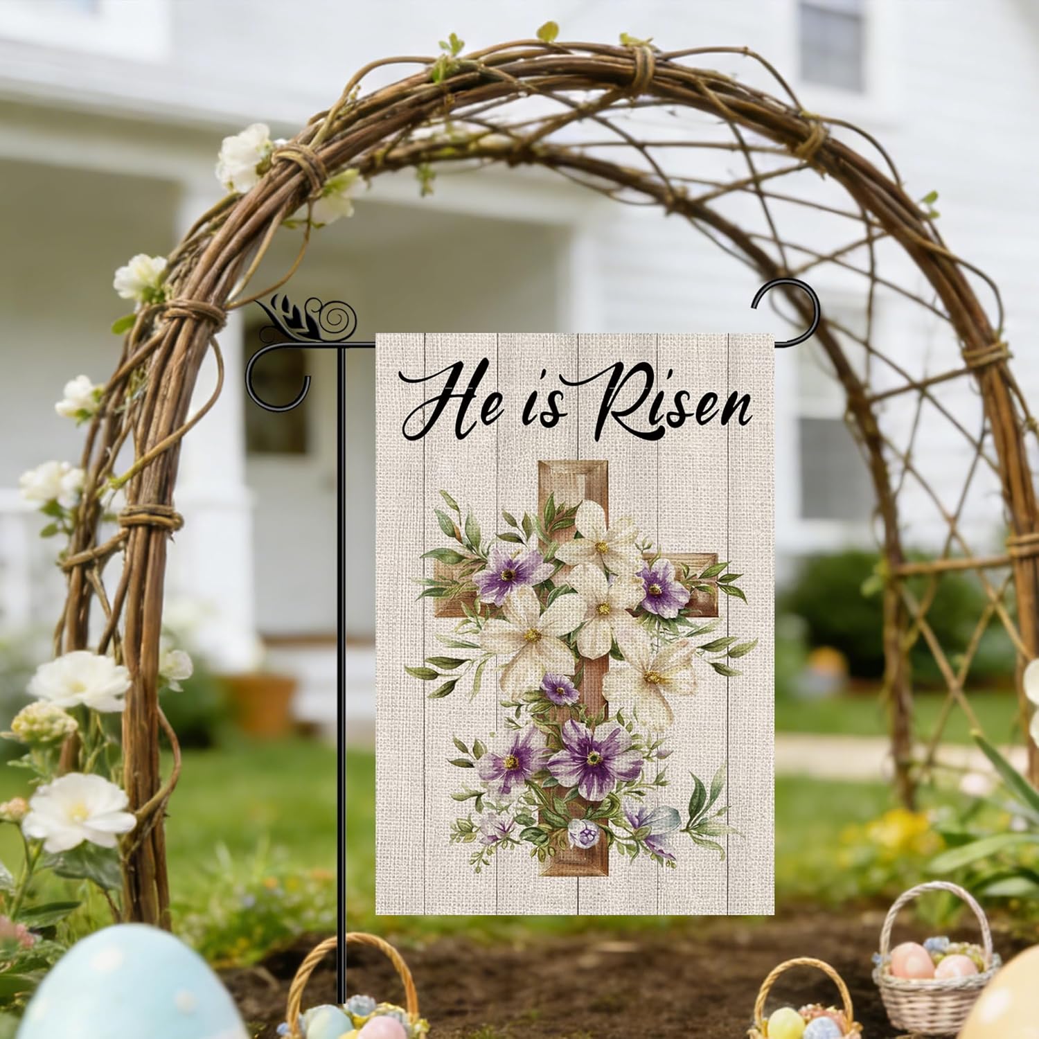 Easter Garden Flag - He Is Risen Christian Easter Cross and Flowers Burlap Double Sided Vertical Holiday Spring Yard Outdoor Decor 12.5 x 18 Inch - Image 5
