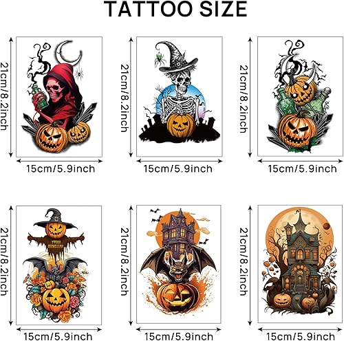 Miniatura 3 de CARGEN Mangas de tatuajes temporales de Halloween, 6 hojas de Halloween, medio brazo largo, calavera, calabaza, mangas de tatuaje temporal para
