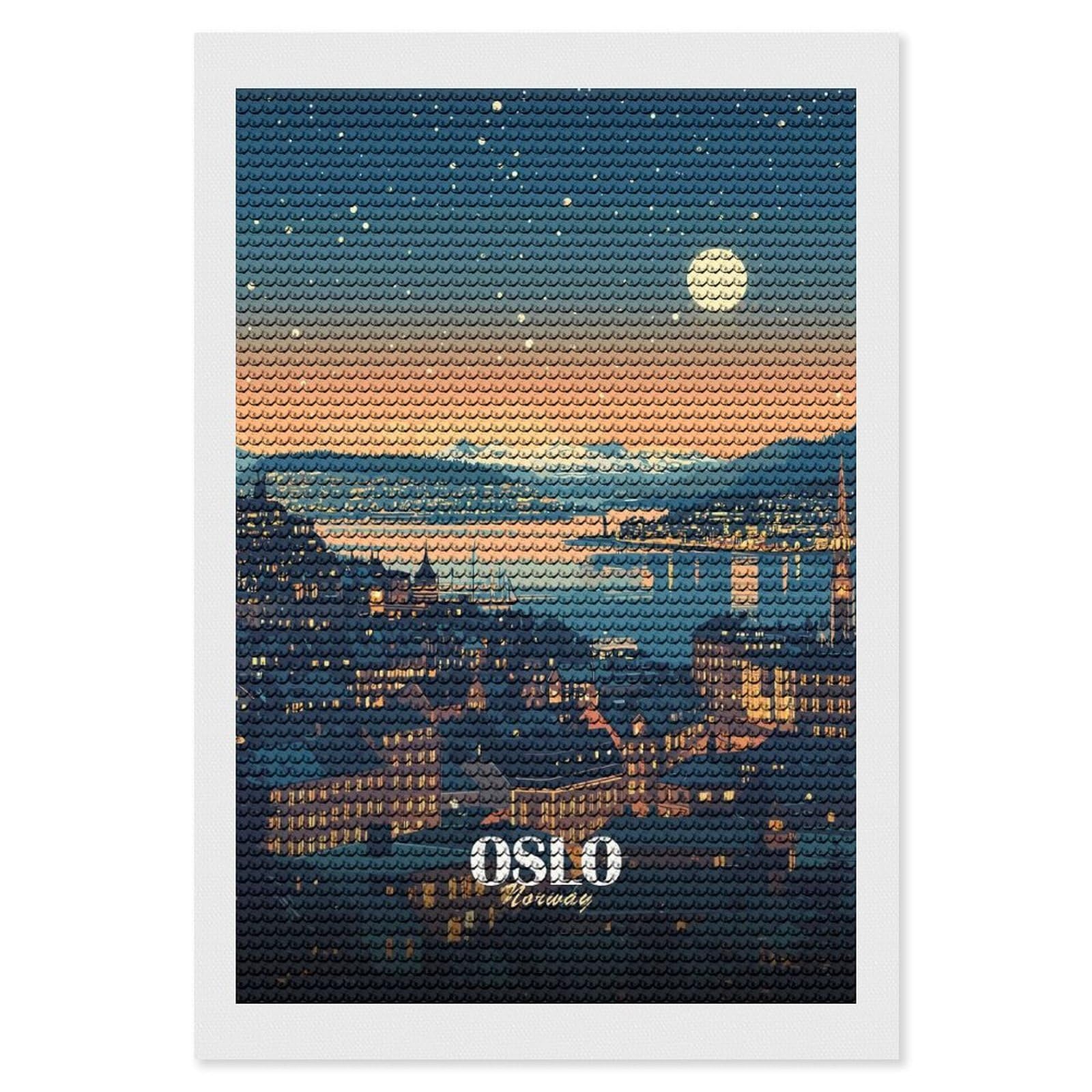 Junmoney Oslo, Norway Cityscape at Night DIY Diamond Art Canvas Kit 8"x12", for Teens, Finish and Display, Holiday Gift Idea, Vintage Style Decor