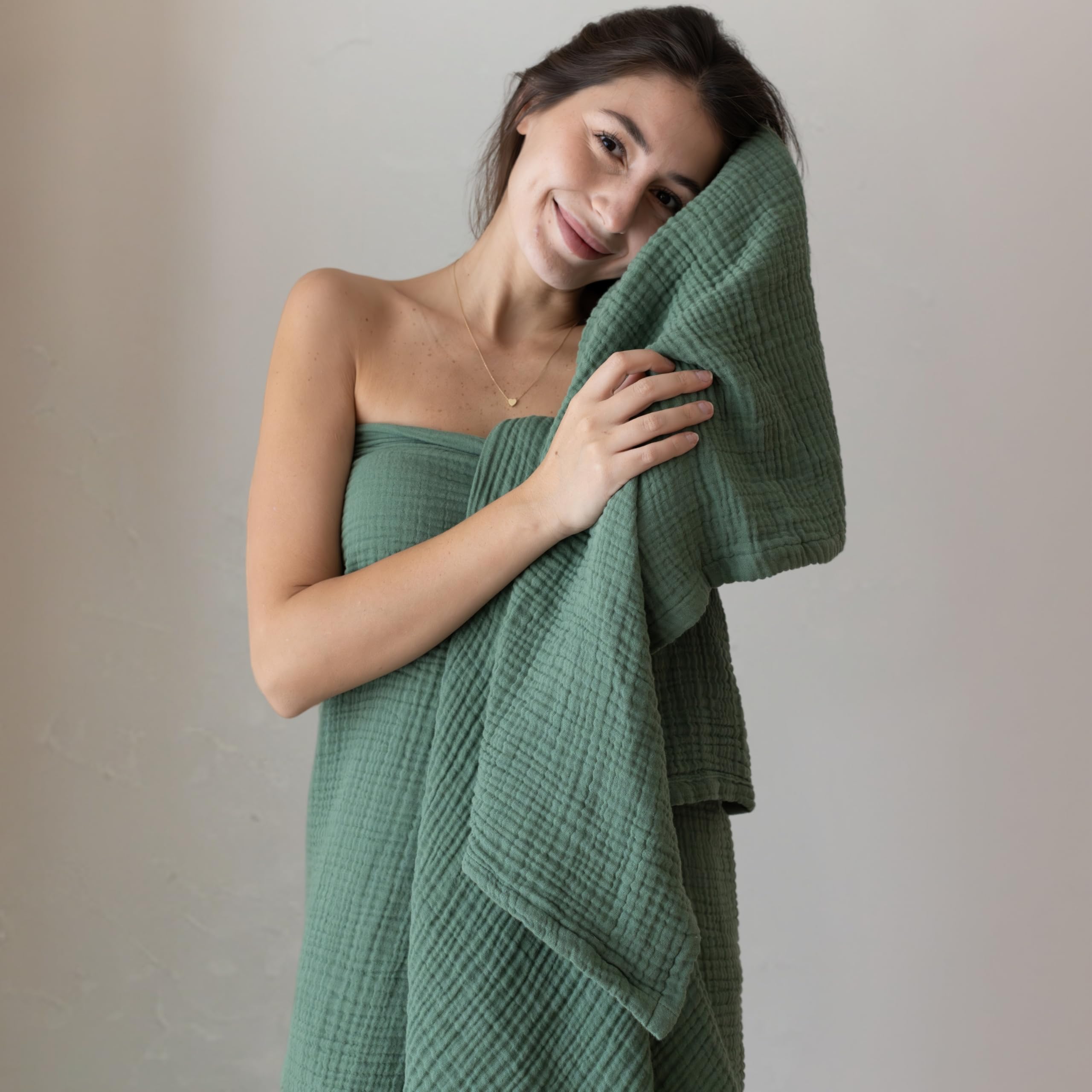 Ultraweiches Musselin-Handtuch-Set für Erwachsene, 100% türkische Baumwolle, 4-lagig, 2-teilig, luxuriöses Musselin-Hand- und Badetuch-Set für Badezimmer (Grün, 1 Bad & 1 Handtuch-Set)