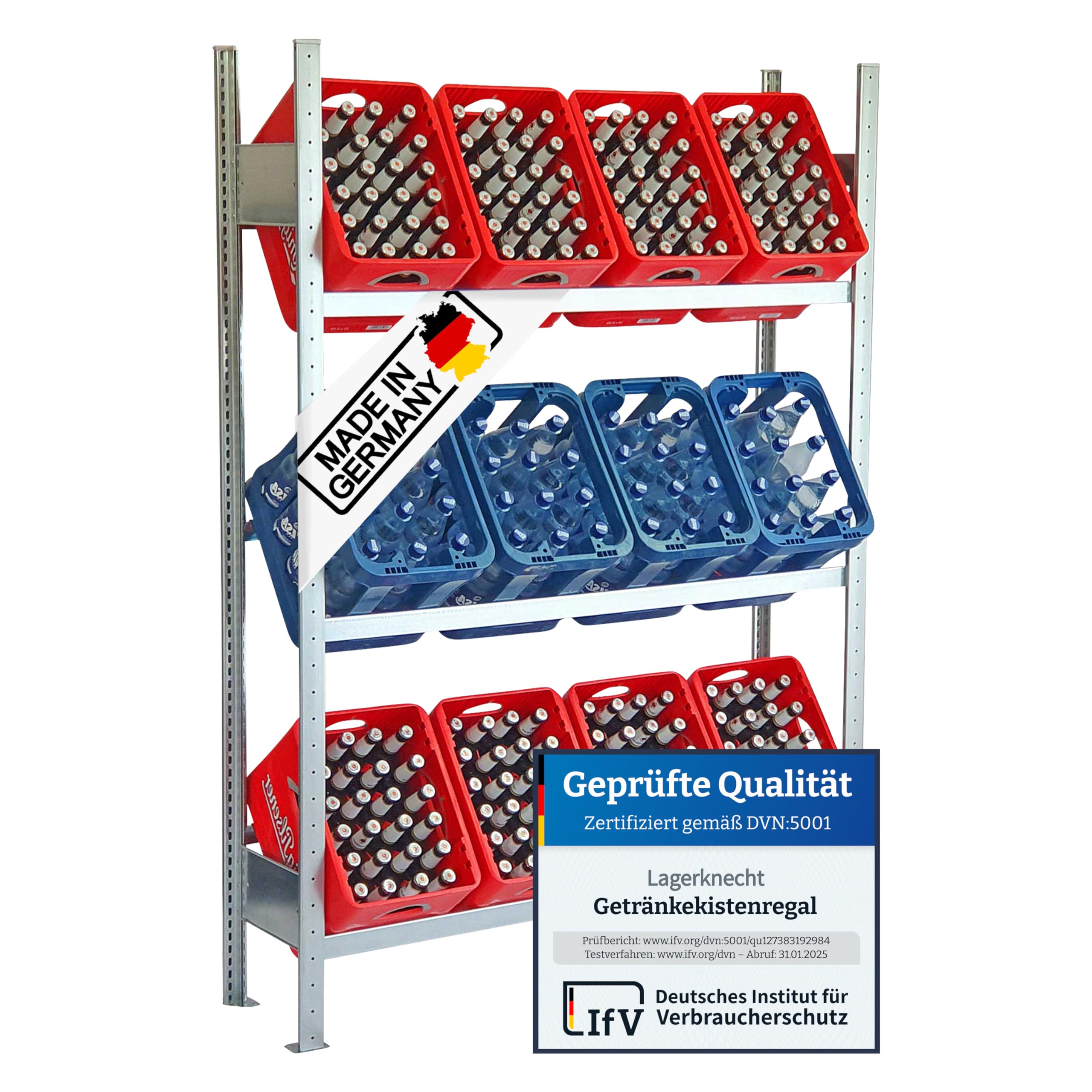Lagerknecht Getränkekistenregal 12 Kisten 130 cm Made in Germany professionelle Ordnung für Kisten; Regal für Getränkekisten, Getränkeregal, Wasserkistenregal, Bierkistenregal