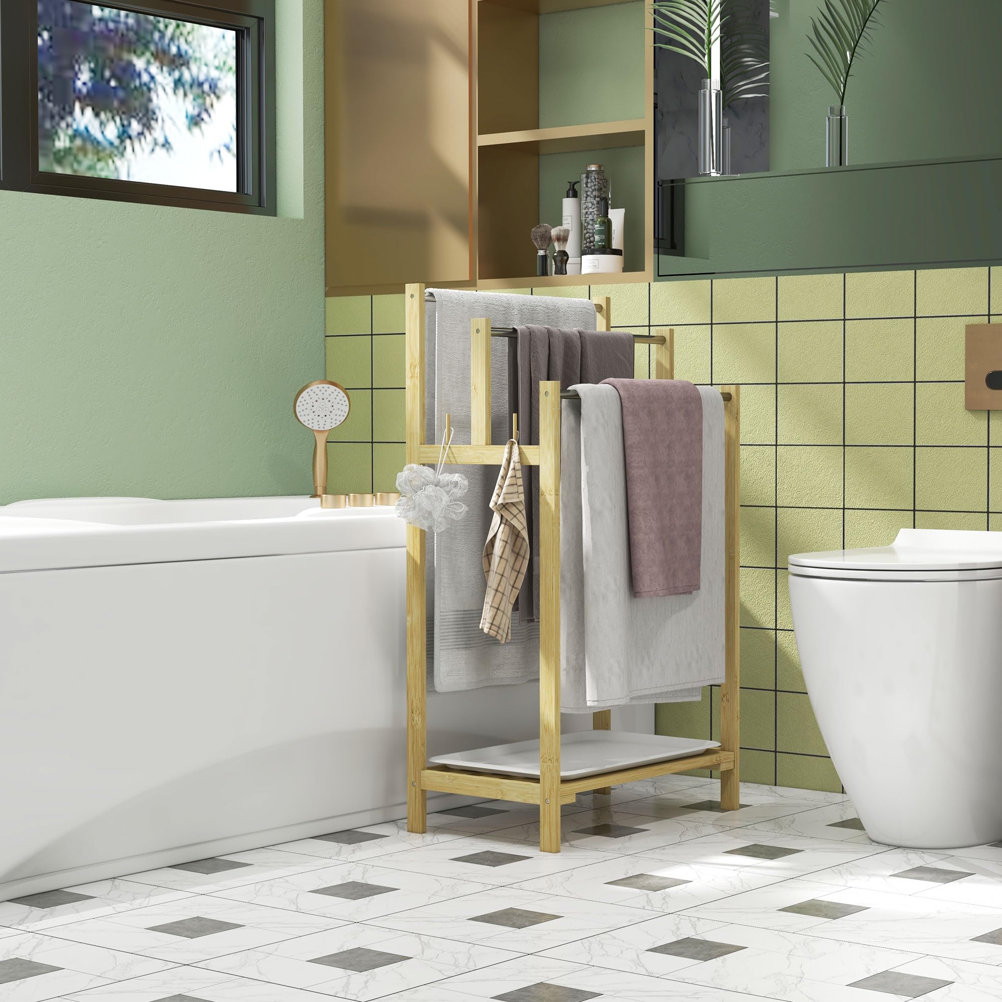 Porte-Serviettes En Bambou HOMCOM - 3 Barres, Étagère Et Crochets - Séchage Rapide - Pour Salle De Bain Ou Buanderie