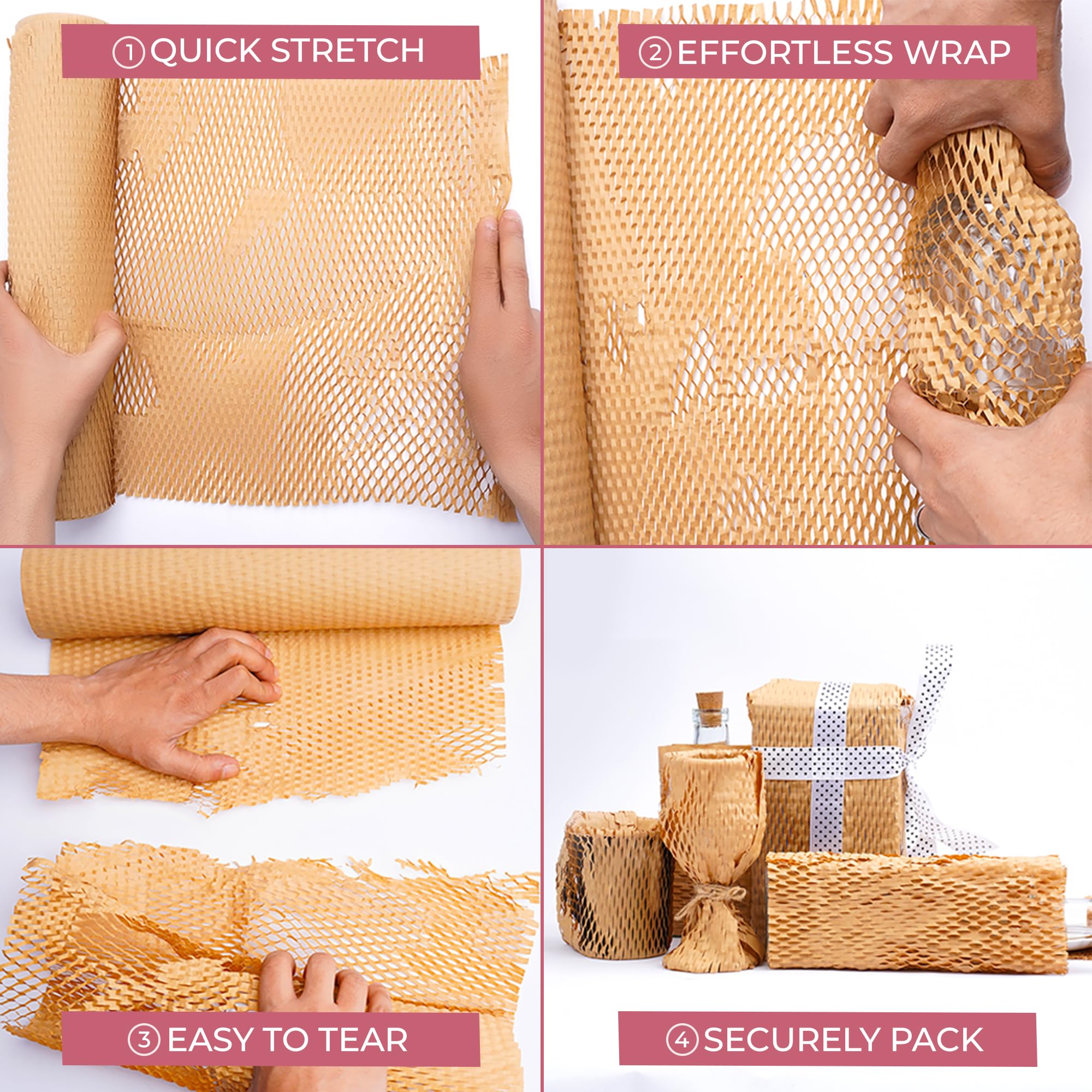 Papel de embalaje de panal para mudanzas, rollo de papel de regalo marrón a prueba de golpes de 15 pulgadas x 213 pies, con 20 calcomanías frágiles y cordel de yute de 100 pies, rollo de envoltura de