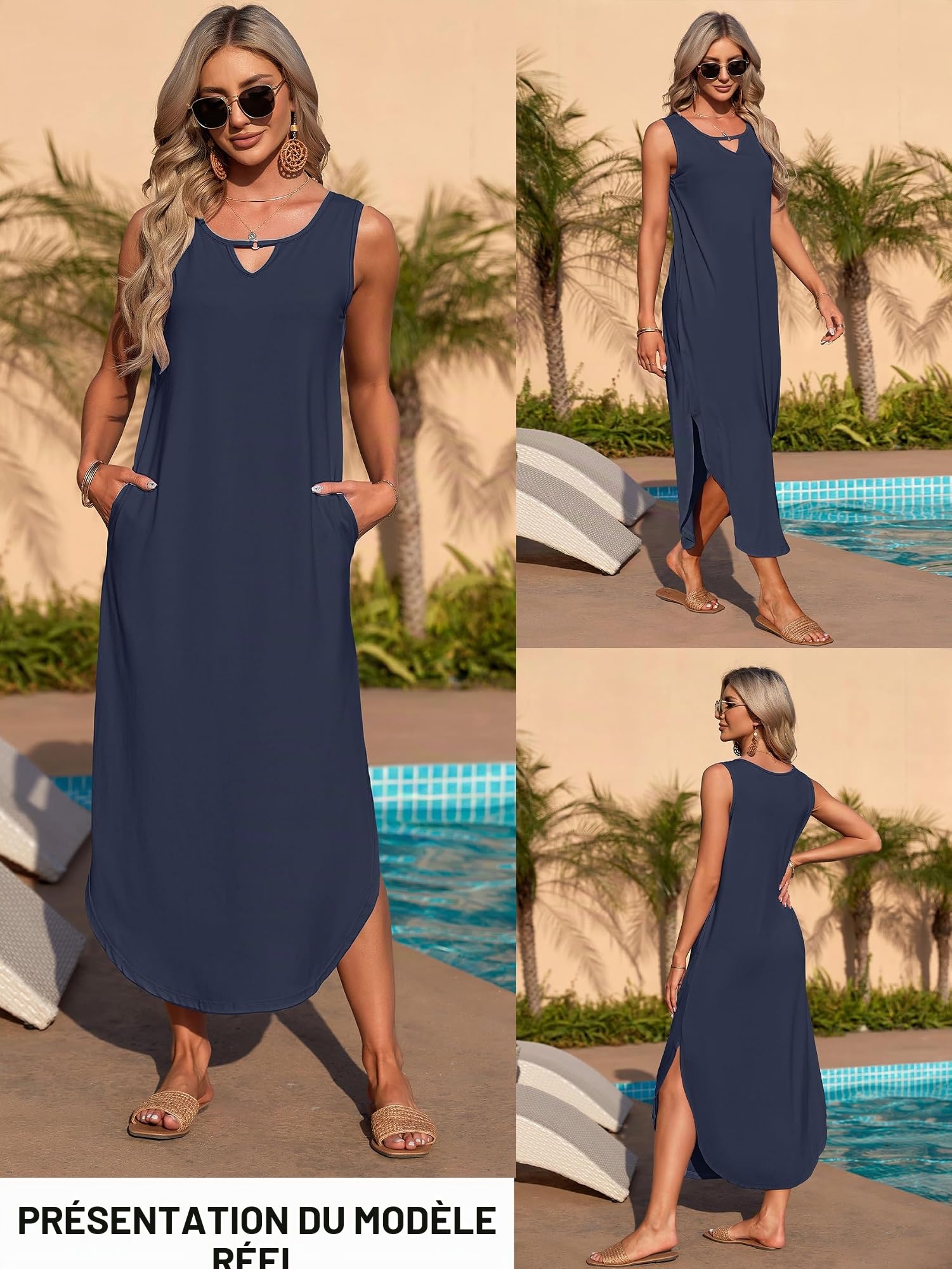 AUSELILY Robe Longue Maxi sans Manches d'été pour Femme,Fendue avec Poche | Col Rond découpé,Sans Manches,Fentes Latérales,Coupe Maxi Ample,Poches Latérales,Tissu Doux Extensible,Robe de Plage