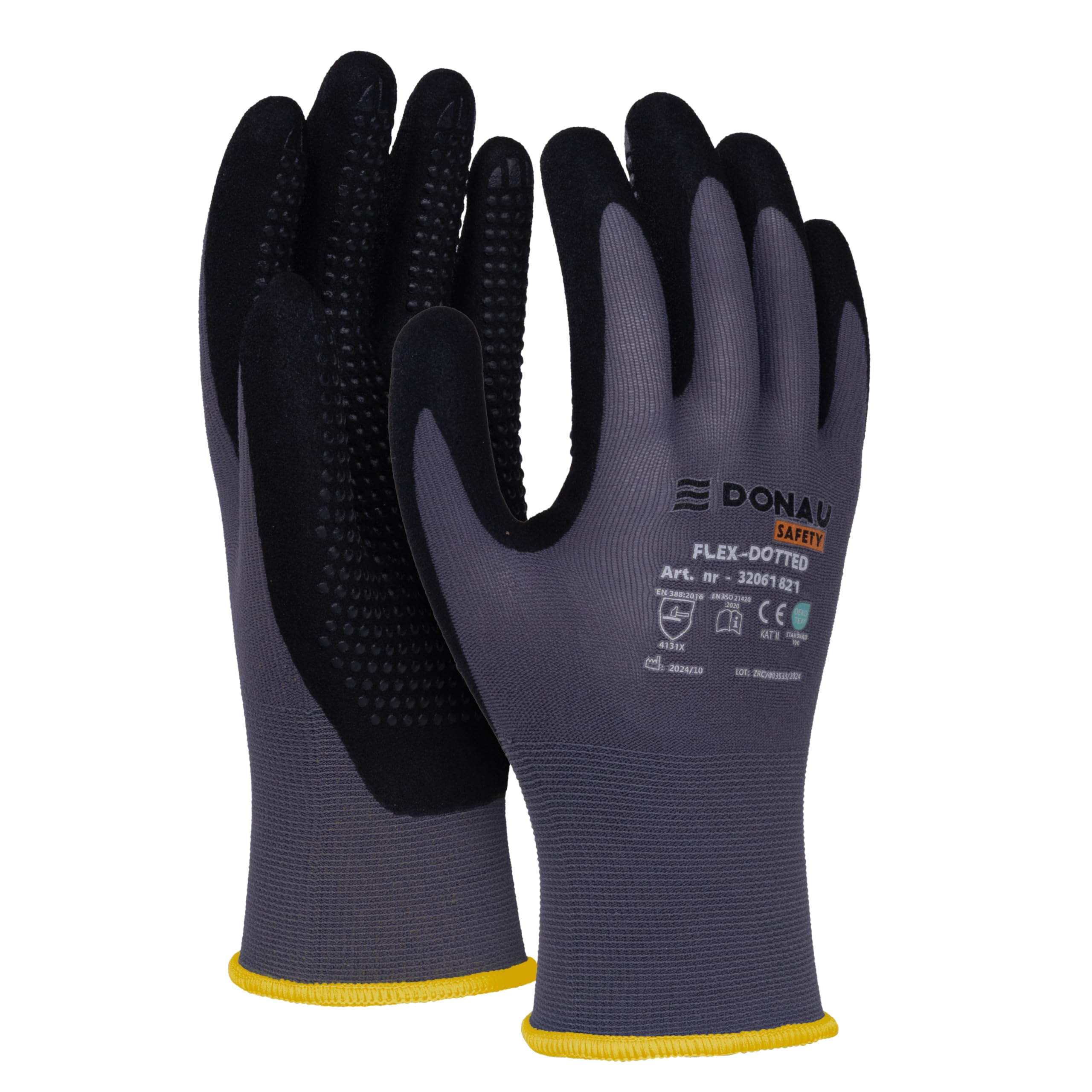 DONAU SAFETY Flex-Dotted rękawice robocze z antypoślizgowym uchwytem z wypustkami/rozmiar 08/M, 1 para/szaro-czarne/mechaniczne rękawice montażowe/powlekane nitrylem, lekkie, odporne na olej, nylon