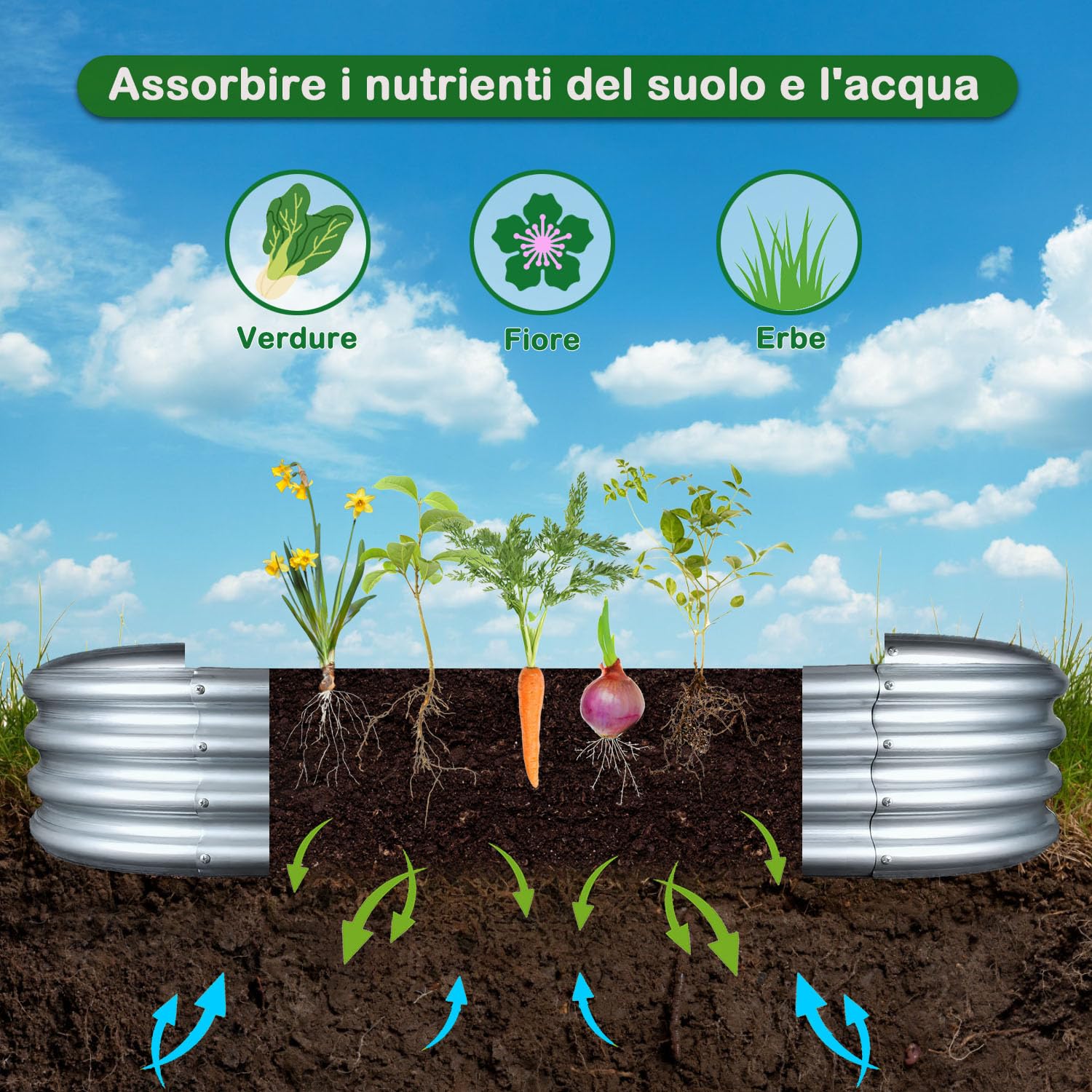 2 PCS Letti per Orto Rialzato in Metallo 180×90×29 cm Fioriera Rialzata in Zincata per Verdure, Fiori ed Erbe Aromatiche (180×90×29 cm, con Anello di Supporto per Piante)