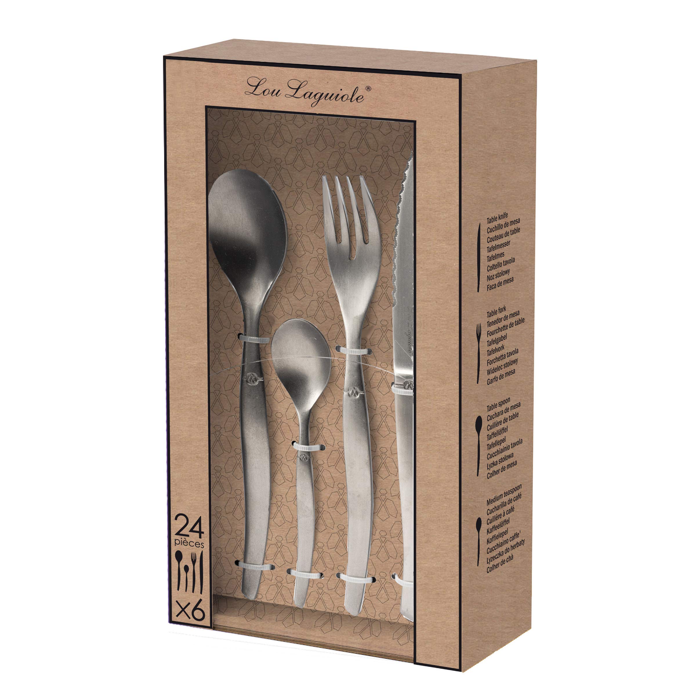 LOU LAGUIOLE - JET | Besteck Set 6 Personen | 24-teilig | Spülmaschinenfest | Tafelbesteck 6 Personen mit mikroverzahnter Klinge | Edelstahl Vintage Style | 18/0 Edelstahl