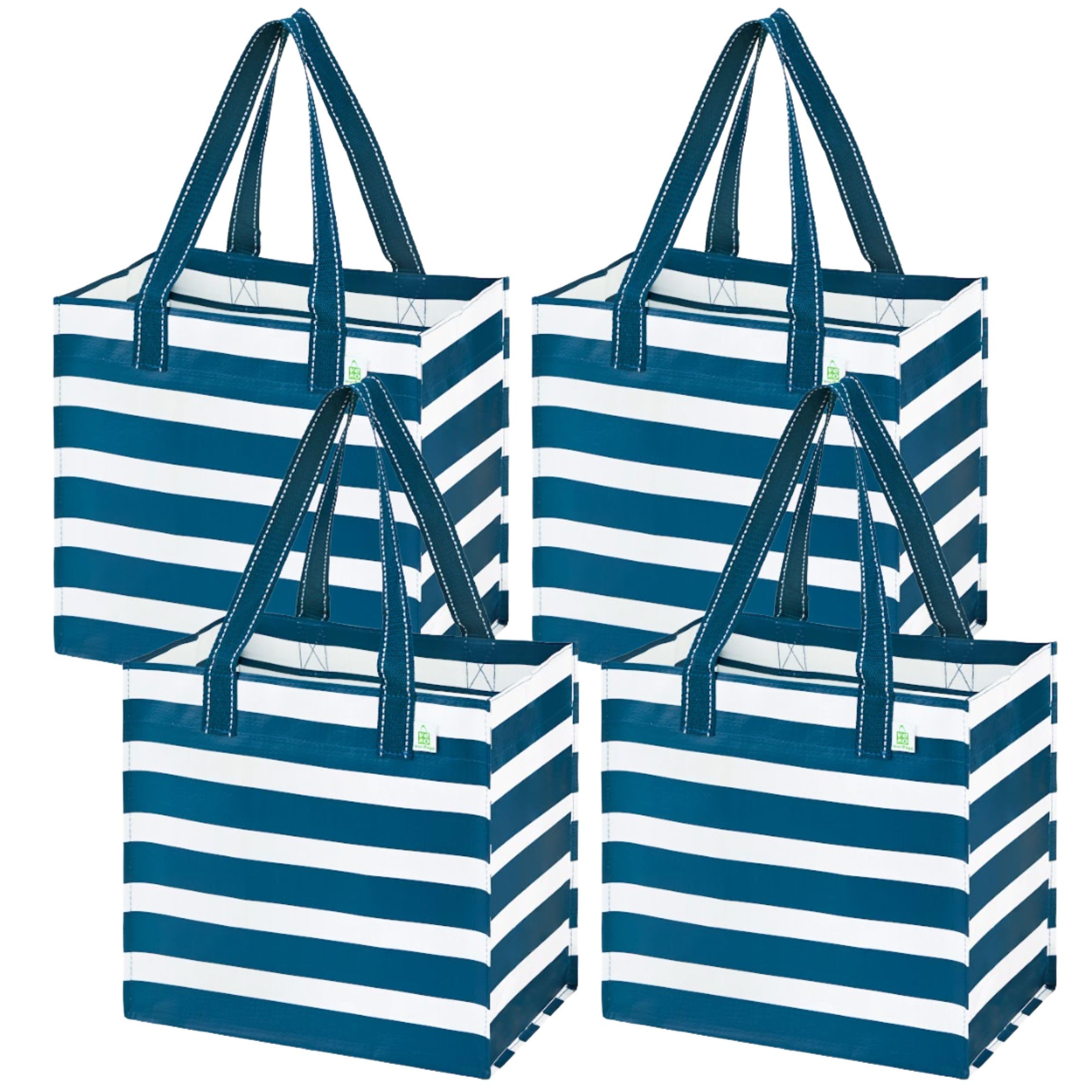 VENO 4 Pack Reusable Grocery Shopping Bags, Heavy-Duty Tote Bags with Handles, for Shopping Cart with Hard Bottom to Stand Upright, Foldable (Navy Stripe, 4 Pack)