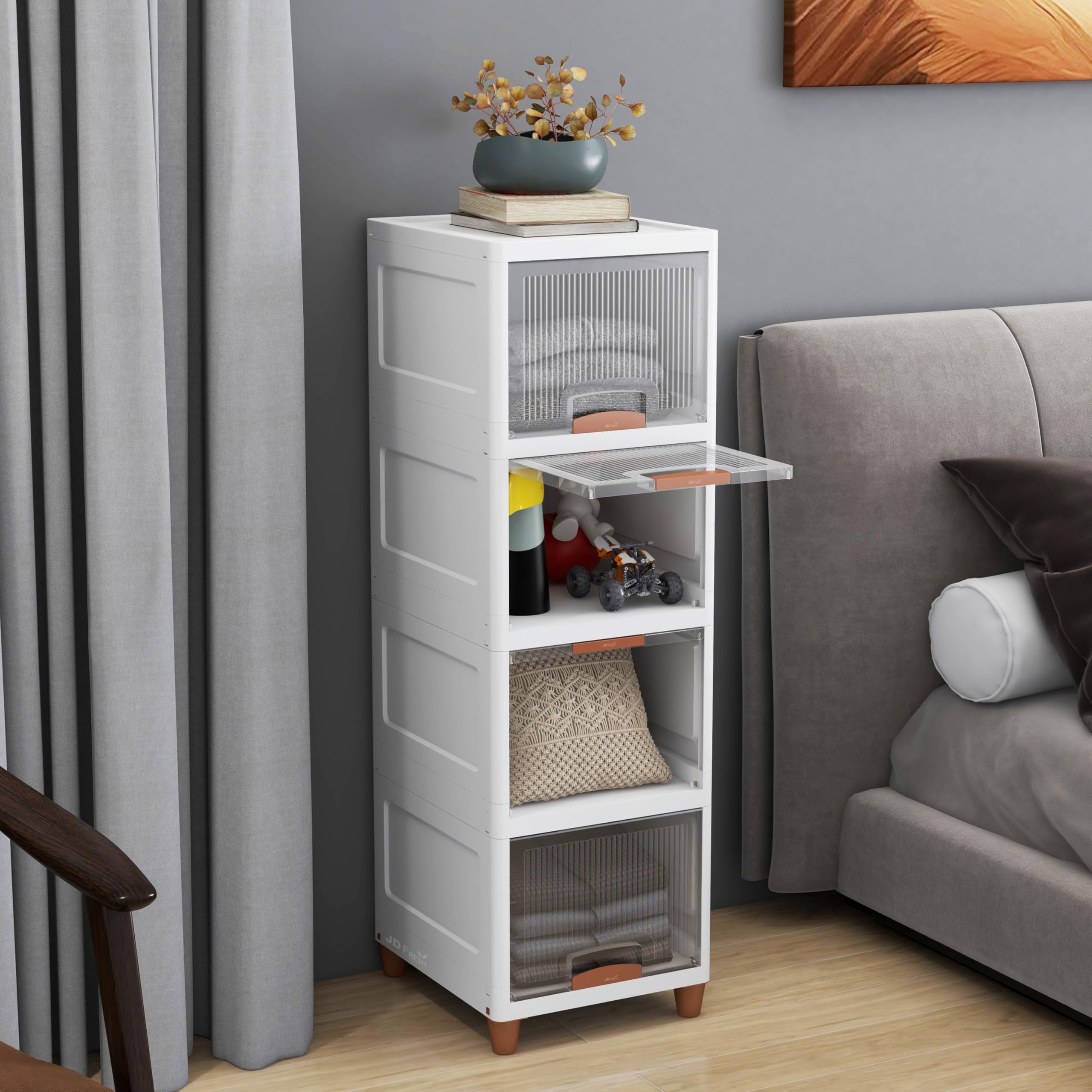 JD FRESH 4 Tier Drawers for Storage Cabinet/Plastic Storage Drawer/Cupboard for Multipurpose Storage Organizer/Stackable Storage Box/Multipurpose Storage Rack/Plastic Wardrobe Organizer (White)