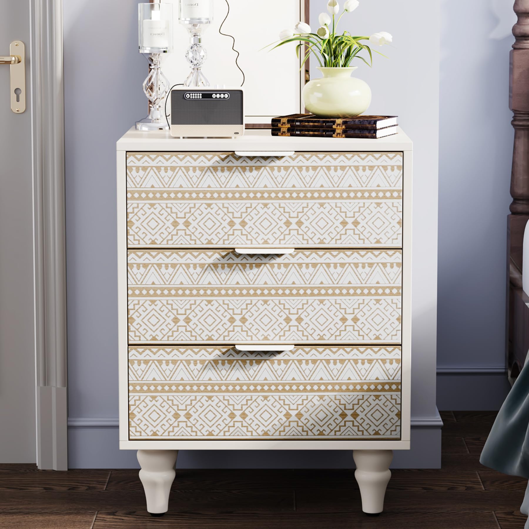 Tribesigns Nightstand with 3 Drawers, 25.6" Modern Bedside Table with Hardwood Legs & Geometric Patterns, Tall End Side Table with Storage for Bedroom, White & Wood