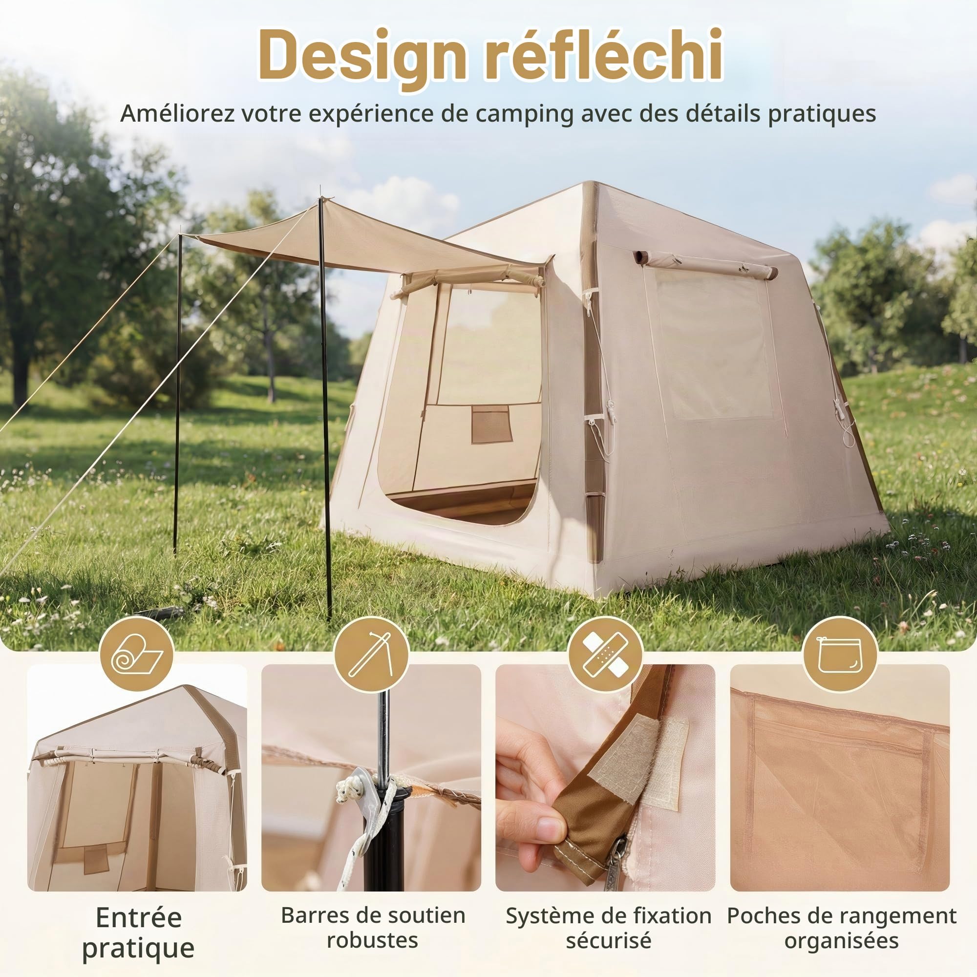 HOMASIS Tente de Camping Gonflable 2-4 Personnes avec Pompe, 206x206x180cm | Tente Familiale avec Porte, Fenêtres Moustiquaires, Piquets, Poteaux, Sac de Transport, pour Pique-Nique, Randonnée