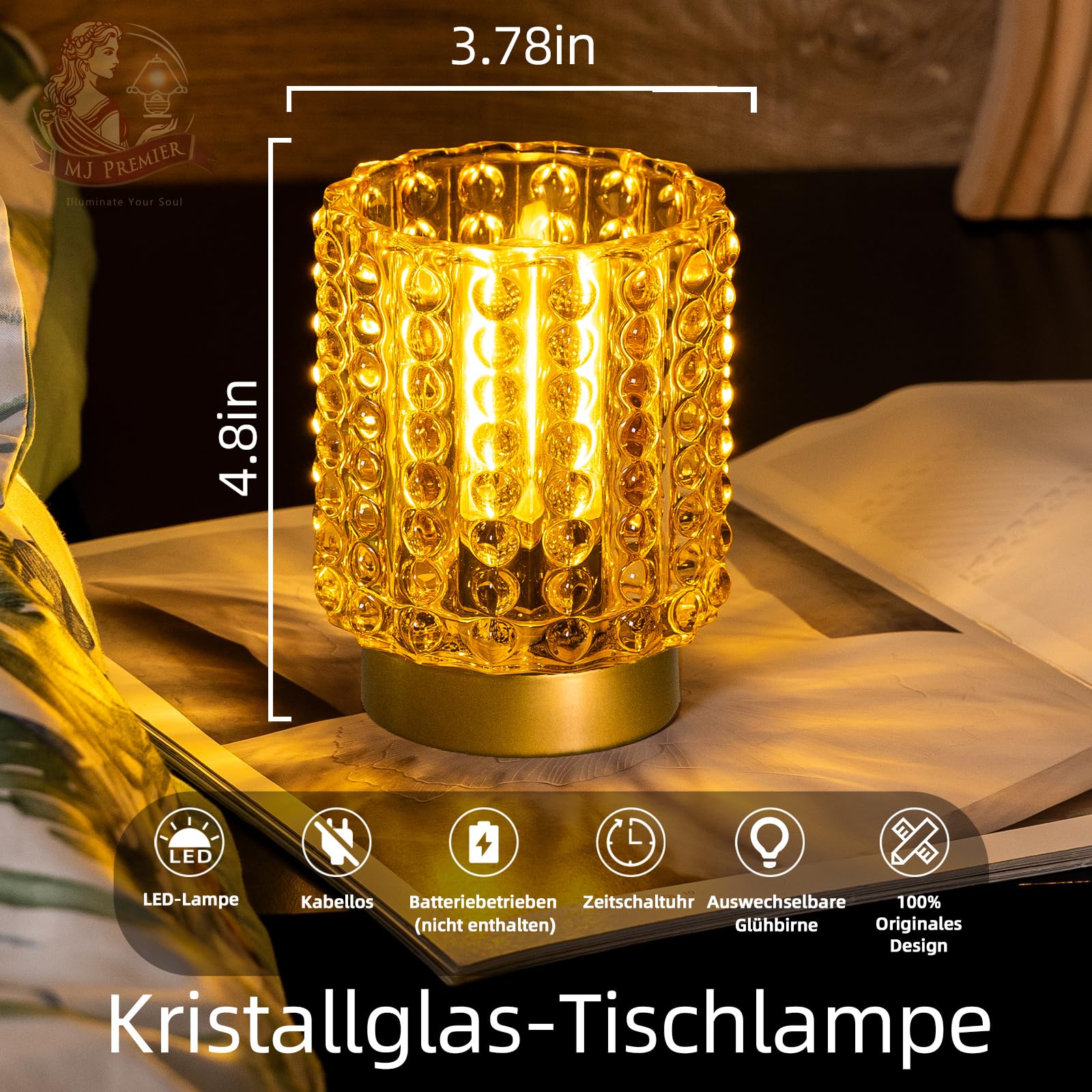 MJ PREMIER Lampada da tavolo a batteria con timer – Lampada da tavolo in cristallo senza fili
