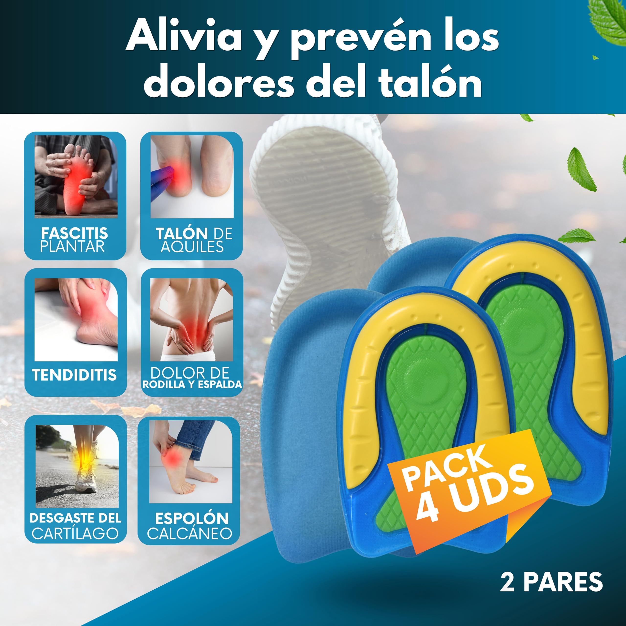 Pack de 4 Taloneras para Corregir la Fascitis Plantar y Espolón Calcaneo - Plantillas de Silicona para Hombre y Mujer - Pantilla de gel para espolones - Unisex — view 2