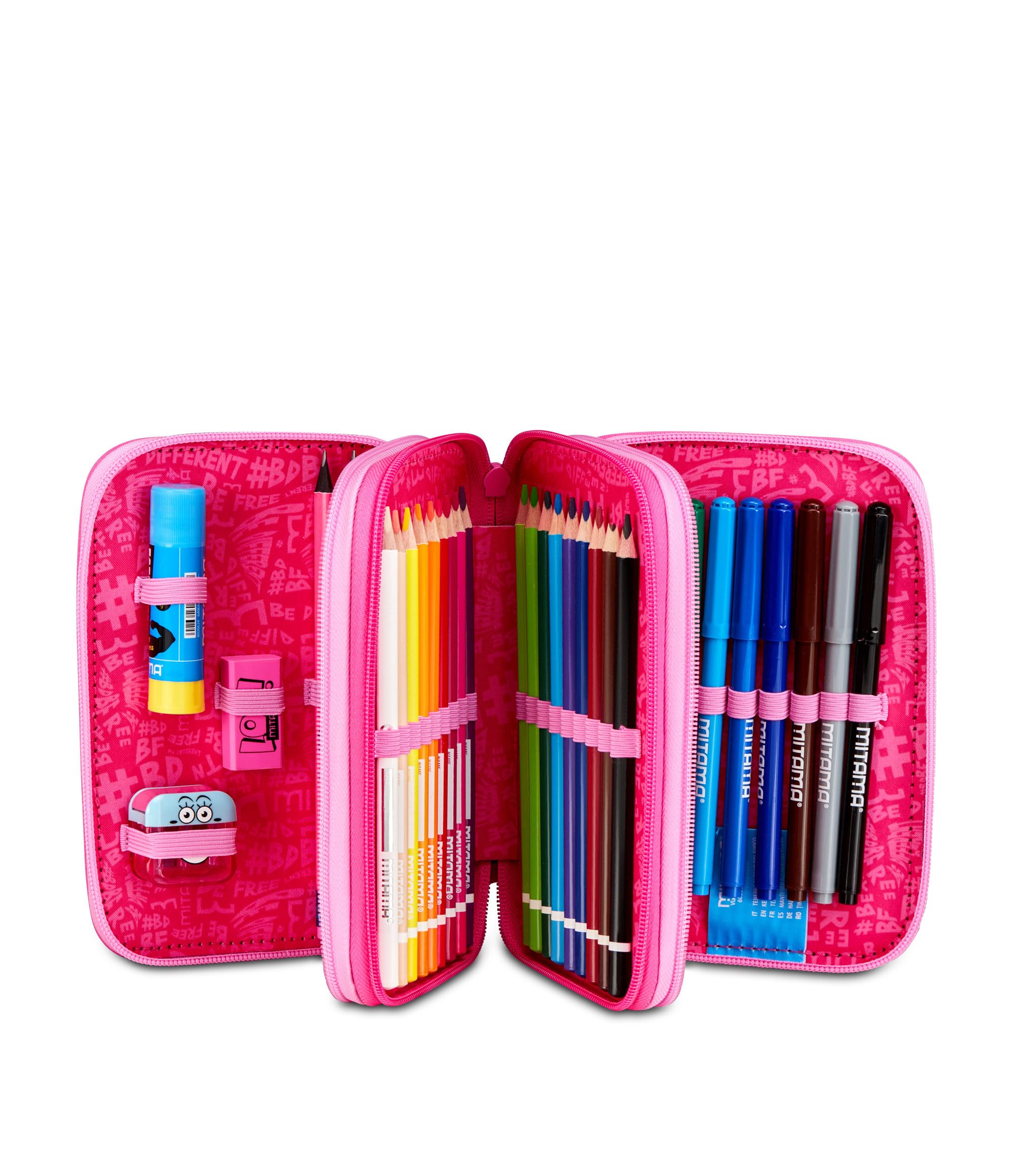 Mitama Trousse scolaire 3 compartiments, triple FURRYPINK, contenu 47 pièces, avec crayons, marqueurs, porte-stylo école primaire fille