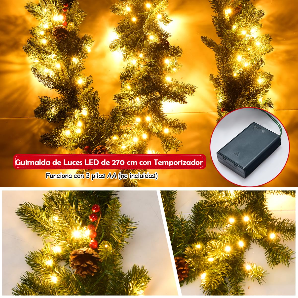 GYMAX Guirnalda de Navidad Decorativa de 270 cm con Función de Temporizador e Iluminación de 100 LED, Guirnalda de Abeto Artificial con Bayas Rojas y Piñas, para Puerta, Ventana, Chimenea, Escaleras