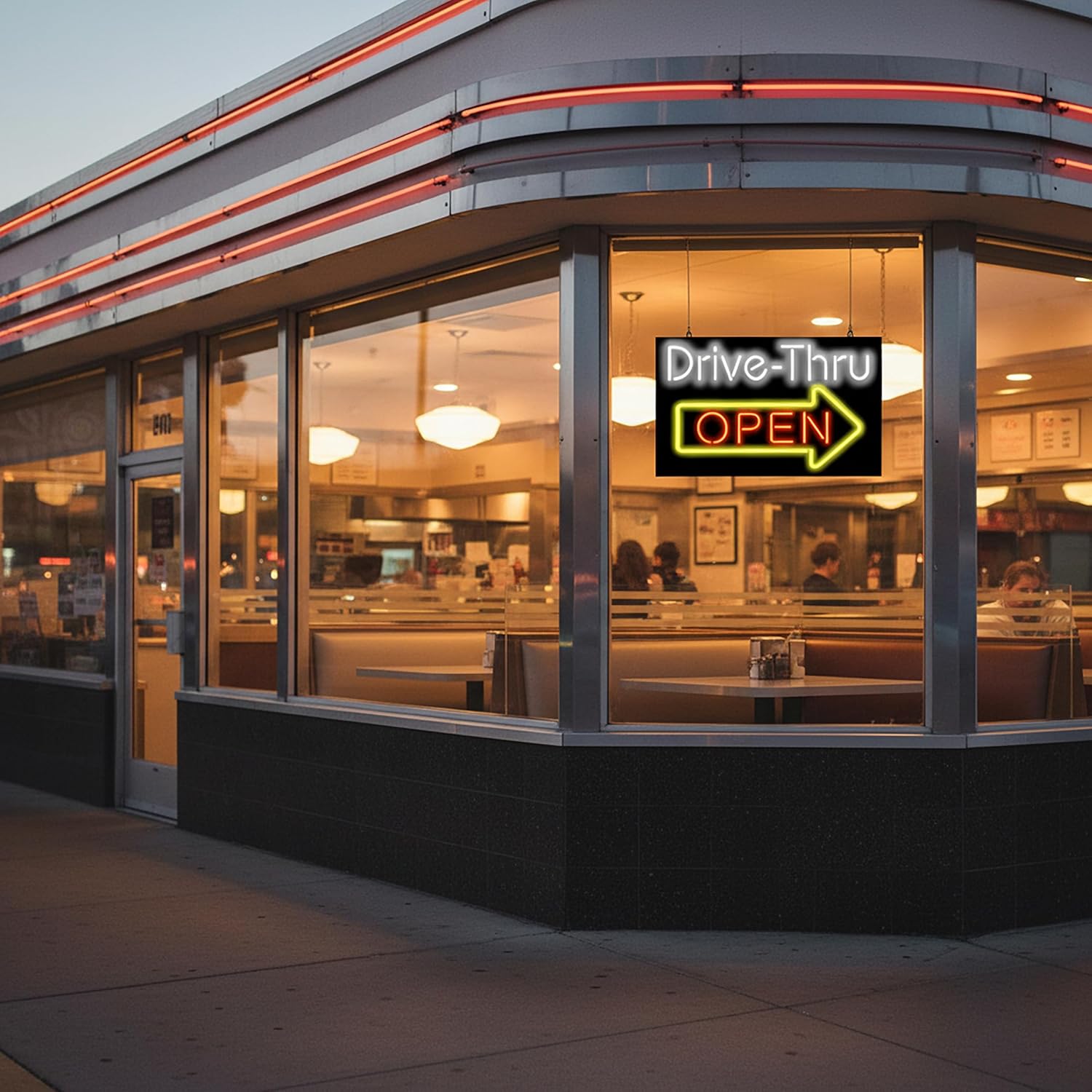 Drive-Thru Open Neon Sign with Right Arrow - 32" wide x 20" high - Real, Quality Hand Bent Neon - White & Red Letters with a Yellow Right Arrow