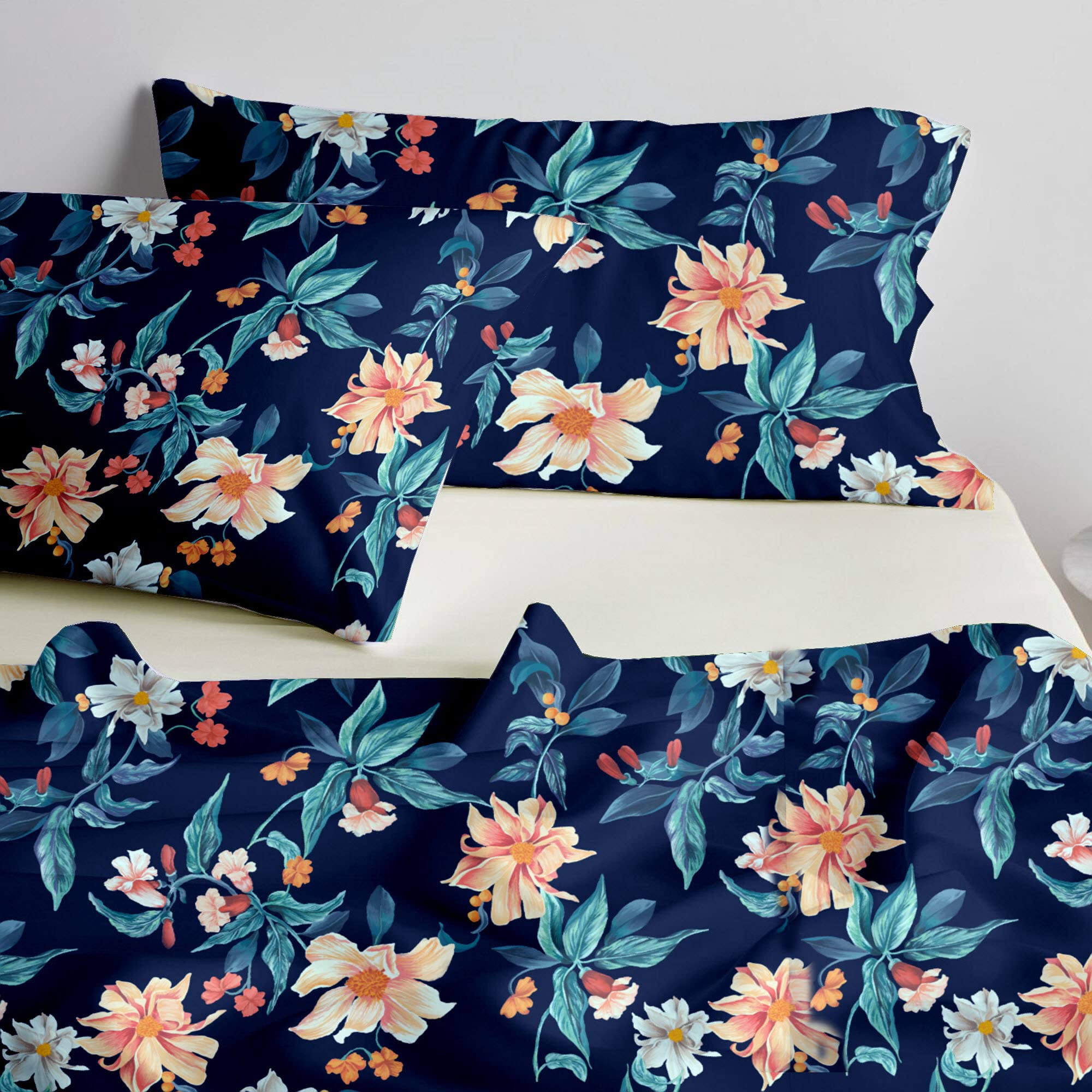 Blue Dahlia Cotton Printed Bedsheet, Printed Flat Sheet with 2 Pillow Covers, Oeko TEX Certified, Long Staple Cotton 220 TC Bedsheets (King, Blooming Blue)