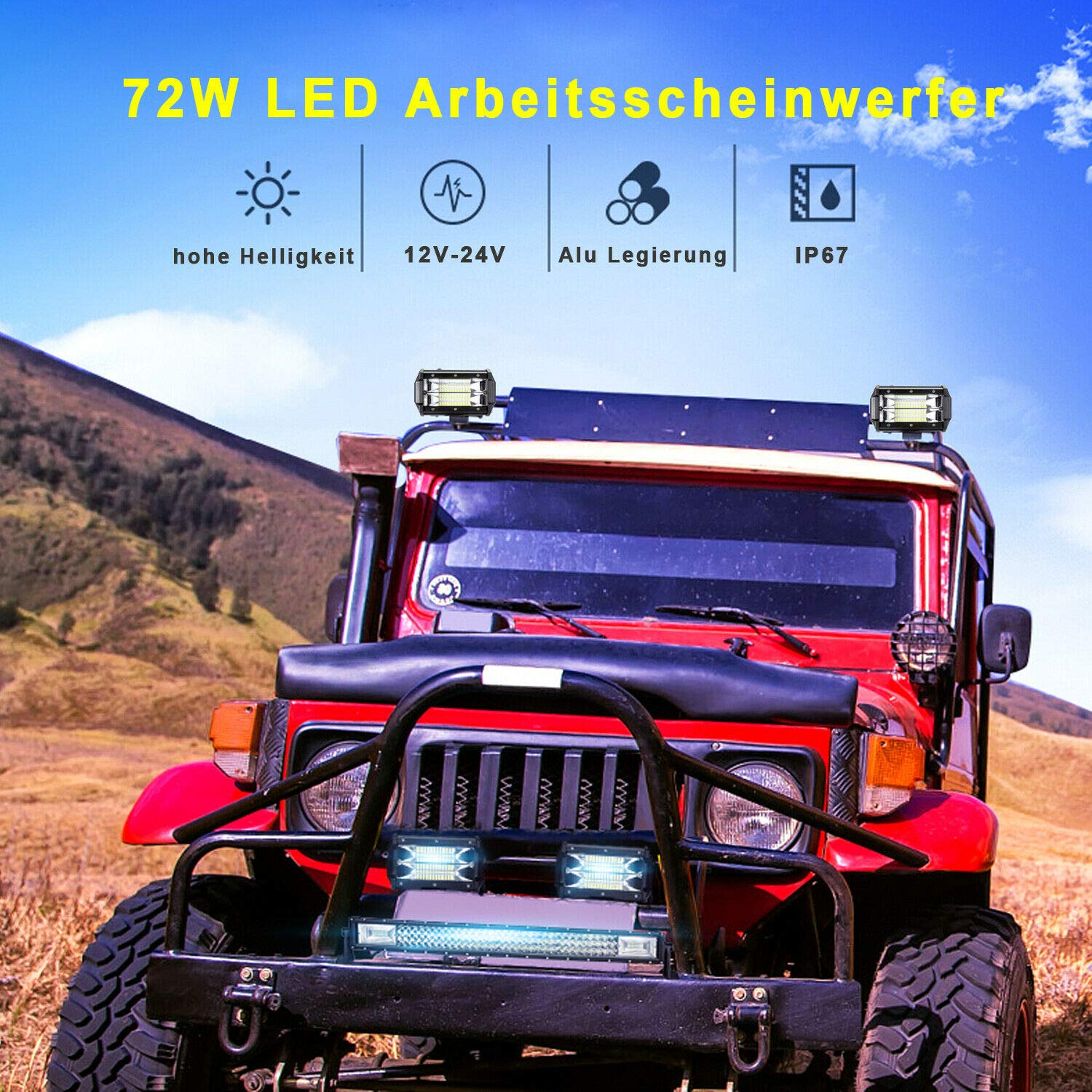 HENGMEI Led-werklamp, 72 W, led, offroad, extra schijnwerper, 12 V, 24 V, werklicht, IP67 waterdicht, voor SUV, UTV, ATV, vrachtwagen (2 x 72 W