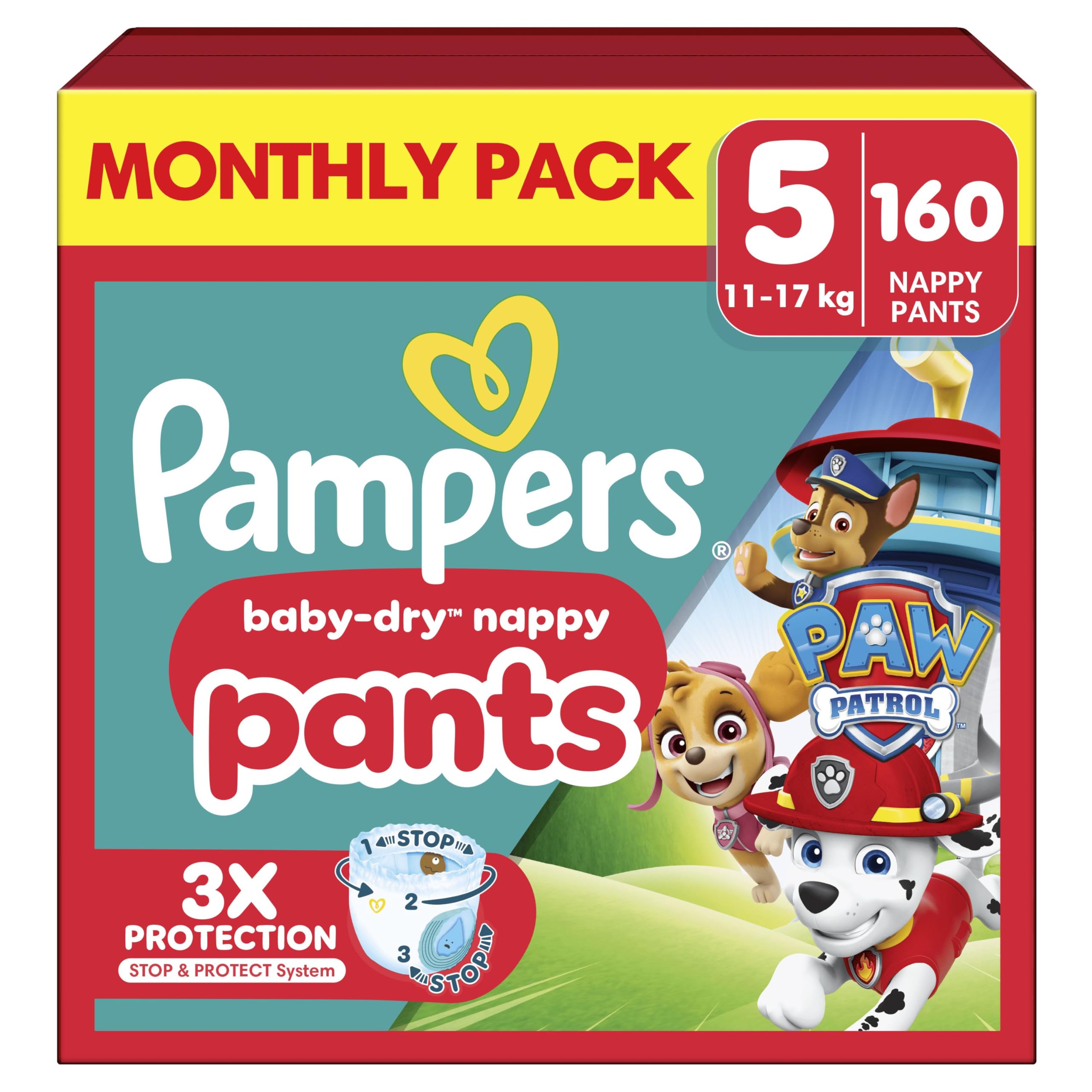 Pampers Baby-Dry Nappy Pants Paw Patrol Edition Size 5, 160 Nappies, 11kg-17kg, Monthly Pack, with Our 360° Pants Fit to Help Prevent Leaks