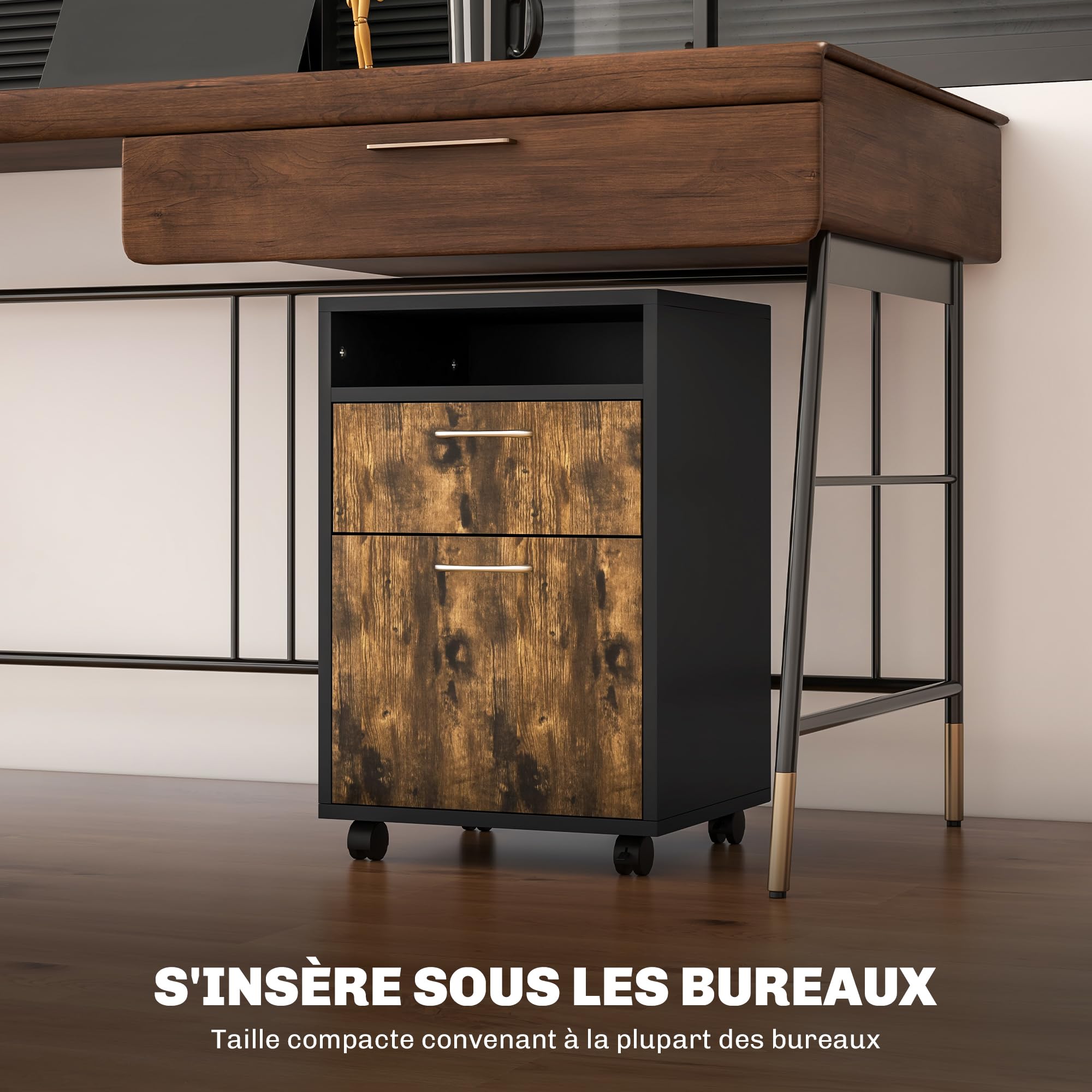 HOMCOM Caisson de bureau rangement bureau sur roulettes tiroir placard niche panneaux particules brun rustique