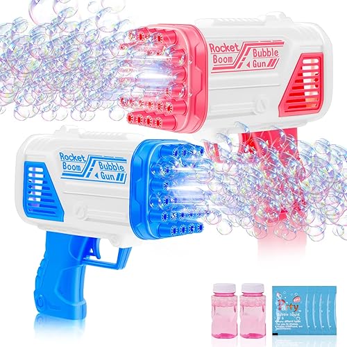 Tlkiaa Paquete de 2 ametralladoras de burbujas para niños, para interiores y exteriores, juguetes automáticos para fiestas de cumpleaños, cesta de