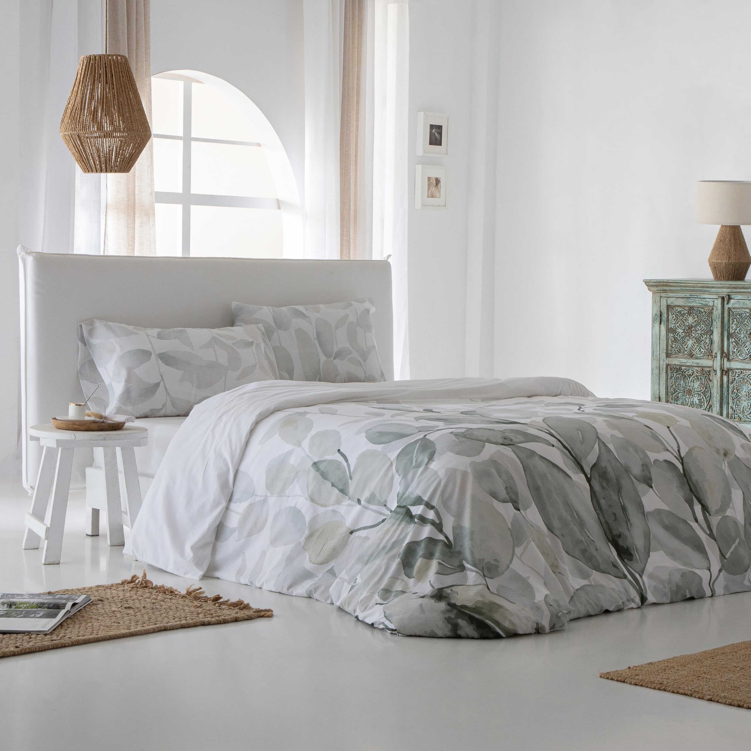 COTTON ARTean Funda nordica ALGODÓN 100% 144 Hilos Pas Blanco Y Verde Cama de 180 Incluye Funda nórdica 260x240 + 2 Fundas de Almohada 100% ALGODÓN Cierre con Botones