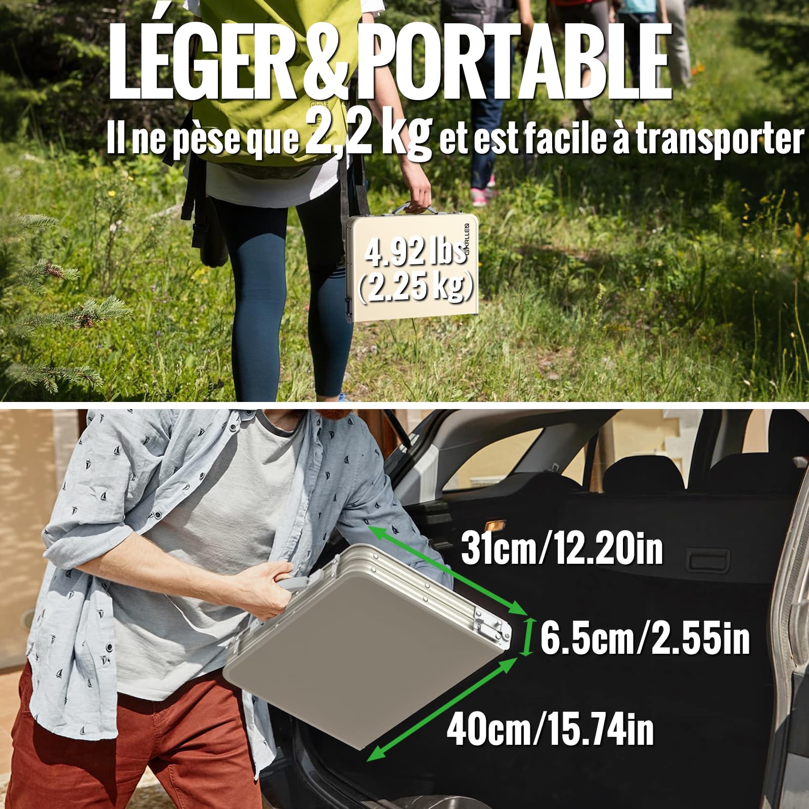 GARLLEN Table de Camping imperméable avec Plateau en Plastique Haute densité, Table de Pique-Nique Pliable Portable avec 3 hauteurs réglables, Cadre en Aluminium, Table d'extérieur pour Barbecue | Table Pliante Exterieur à 3 Hauteurs Réglables,Table de Pi