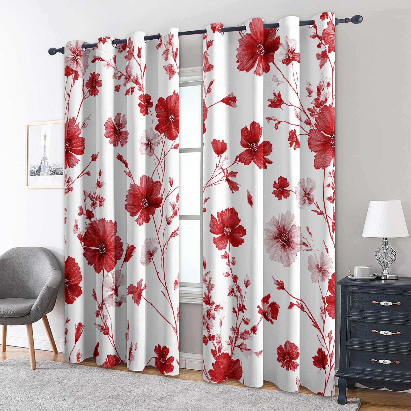 Red Floral Blackout Curtains, 90 Drop, Flower Printed Curtains for Living Room, Bedroom, Eyelet Drapes for Window Home Decor, 66x90 Inch 2 Panels (2l8-133)