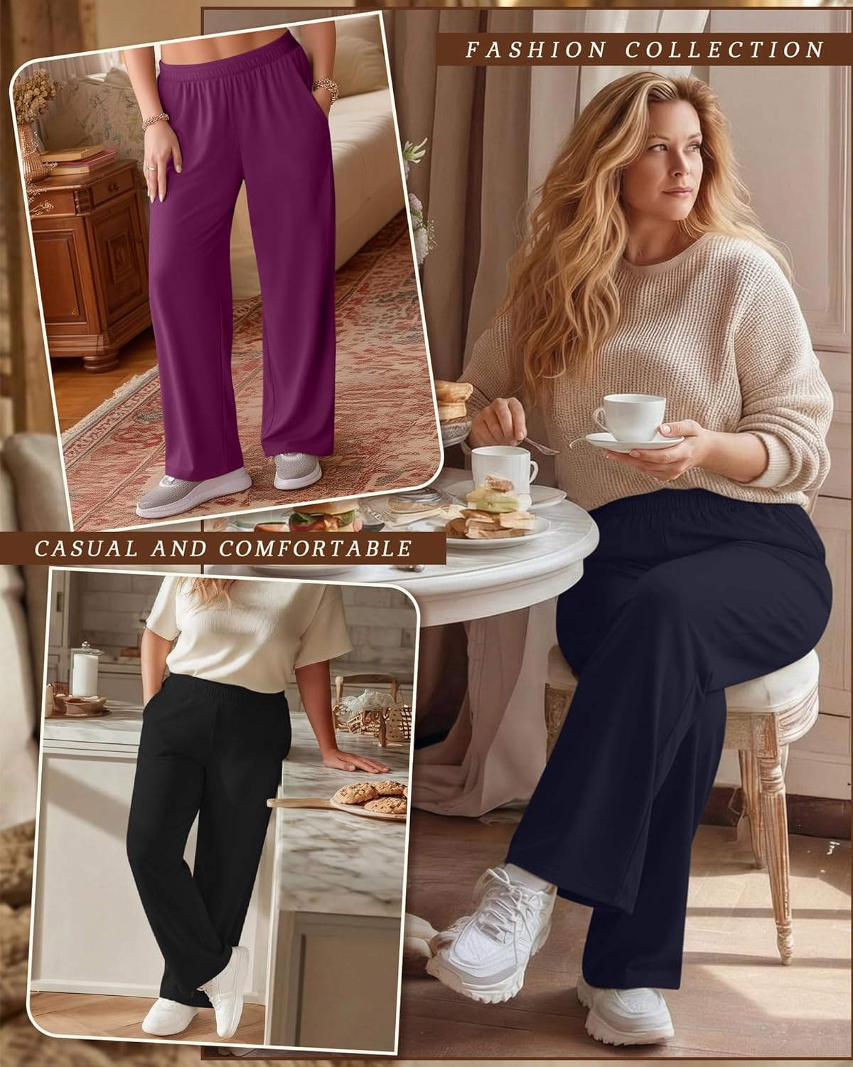 3 Pack Women's Plus Size Wide Leg Pants Baggy Yoga Pajama Pants Elastic Waist Casual Lounge Trousers with Pockets - Image 2