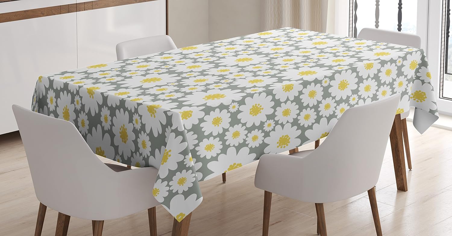 Ambesonne Floral Tablecloth, Cartoon Like Flowers and Daisies in The Spring Time Season with Pollens Blossoms Illustration Print, Dining Room Kitchen Rectangular Table Cover, 60" X 84", Grey Yellow 60" X 84" Grey Yellow