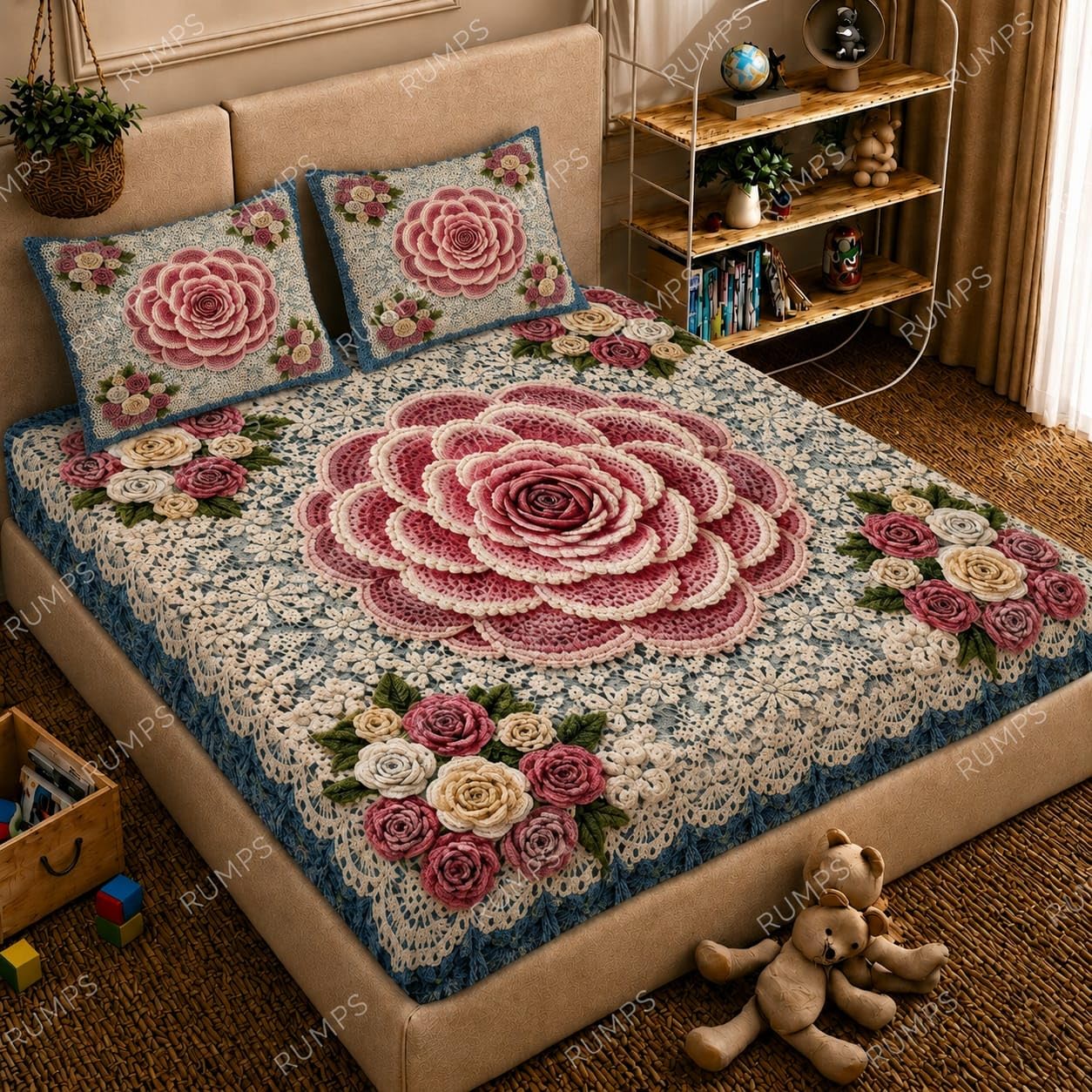 RUMPS 3D Digital Printed Double Bedsheet Flat | Premium Knitted Cotton MicroFabric 90x100 Inch Bed Sheet with 2 Pillow Covers, Cute Cartoon Blue Bird (7D Digital 11)