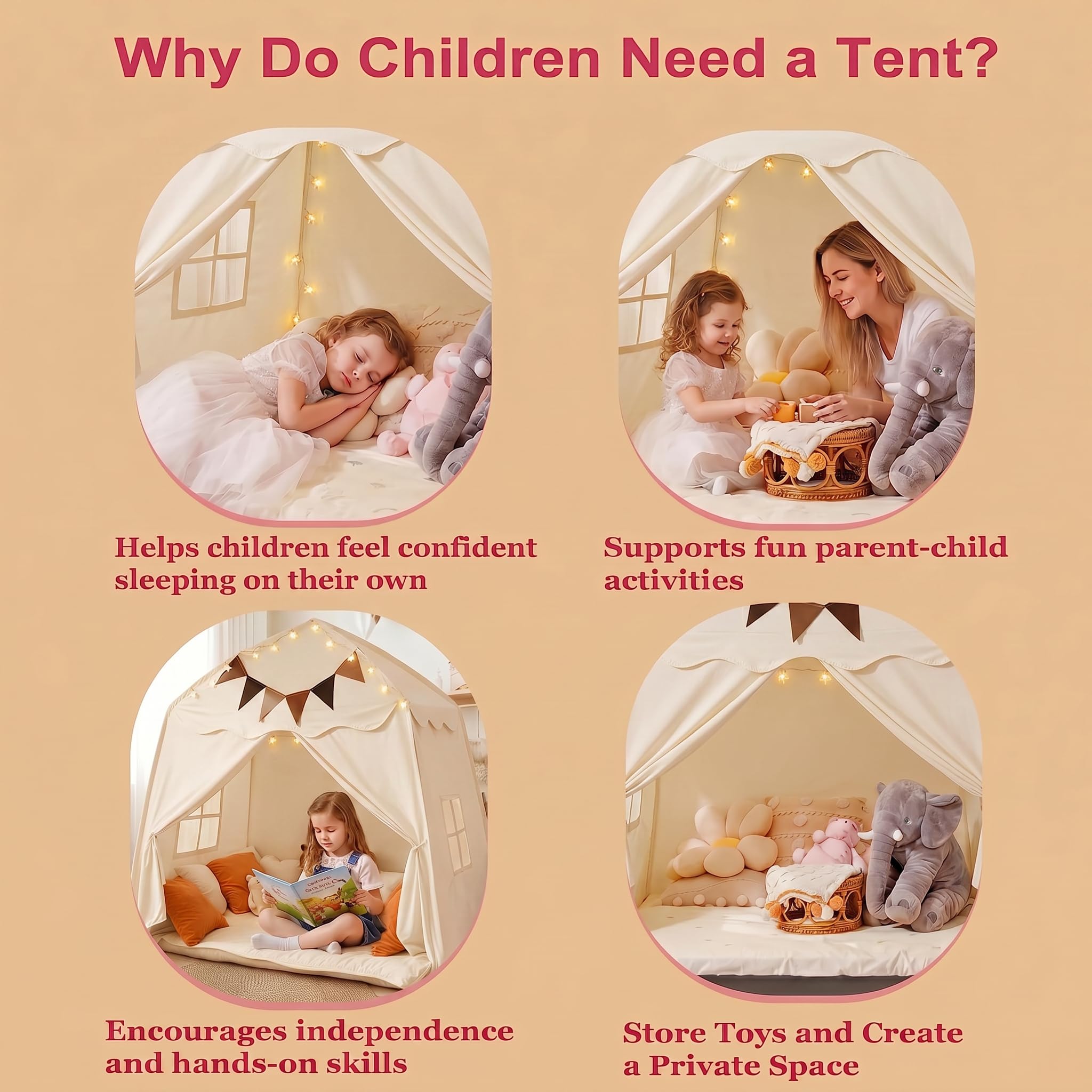 Spielzelt für Kinder, Kinderzelt Spielhaus Indoor Kinderzimmer Deko Für Drinnen Spielzelt Spielgeräte Spielzimmer Faltbares Spielhaus (Beige, Zelt & Lichterkette)