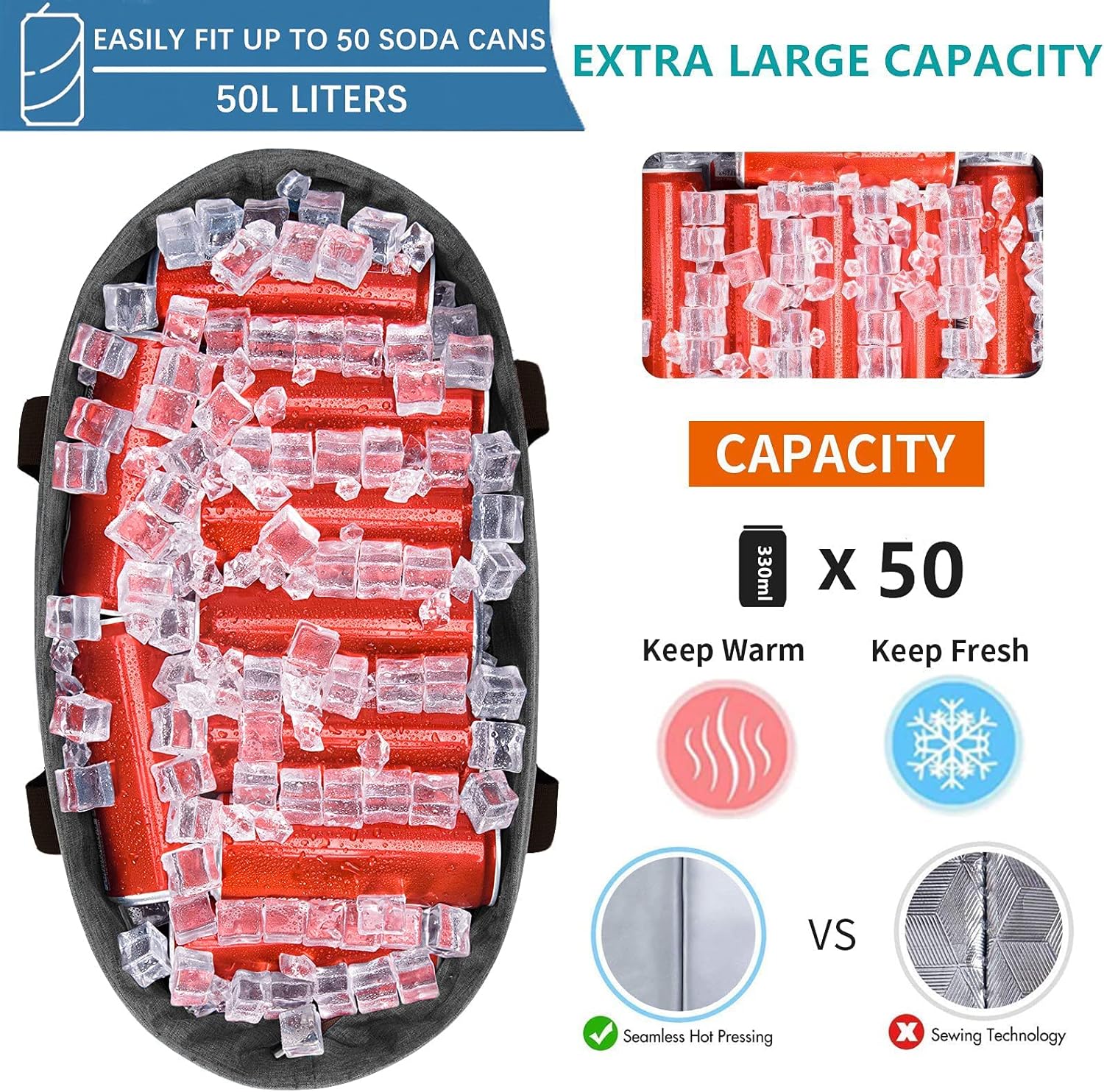 LHZK Jumbo Cooler Bag, Collapsible Leakproof Insulated Bag with Zipper & Handles, Soft Insulated Grocery Bags for Shopping, Travel, Beach, Picnic (50L, Black) - Image 2