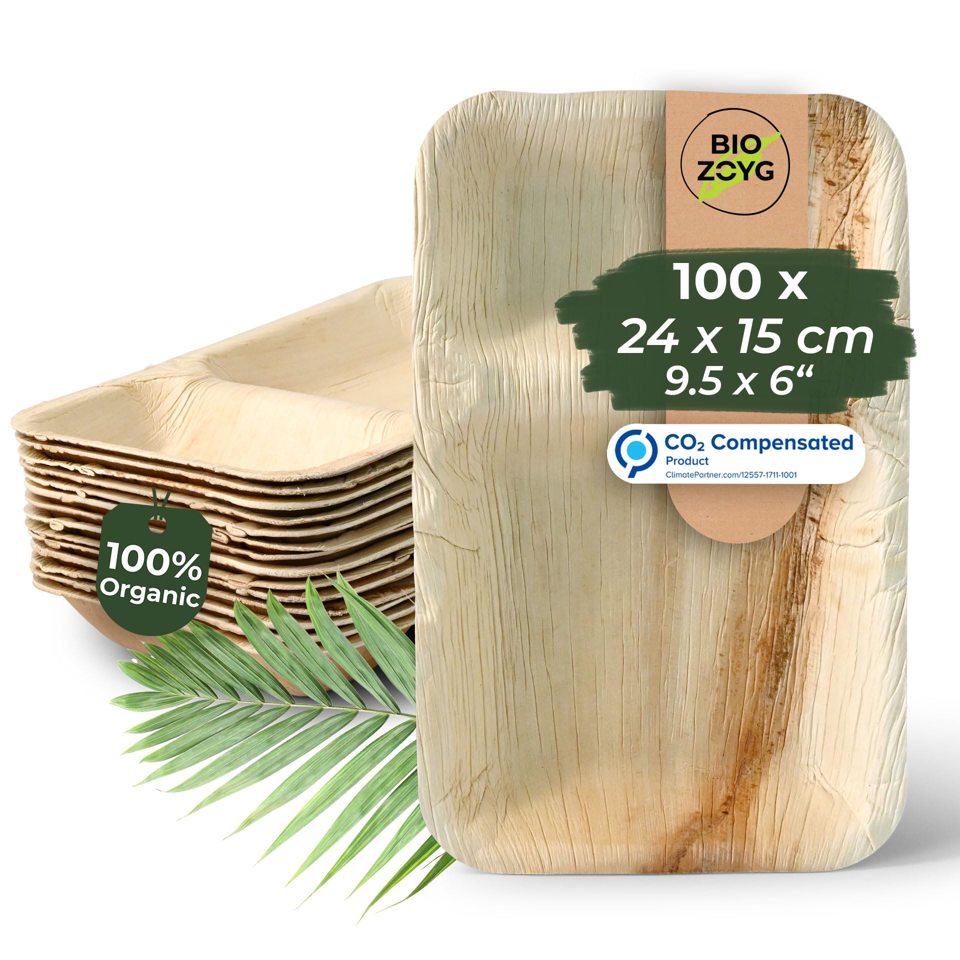 BIOZOYG Palmware - Vassoio da pasto monouso da 100 pezzi realizzato in foglia di palma rettangolare 24x15cm con 2 scomparti separati I bio da tavola monouso biodegradabile