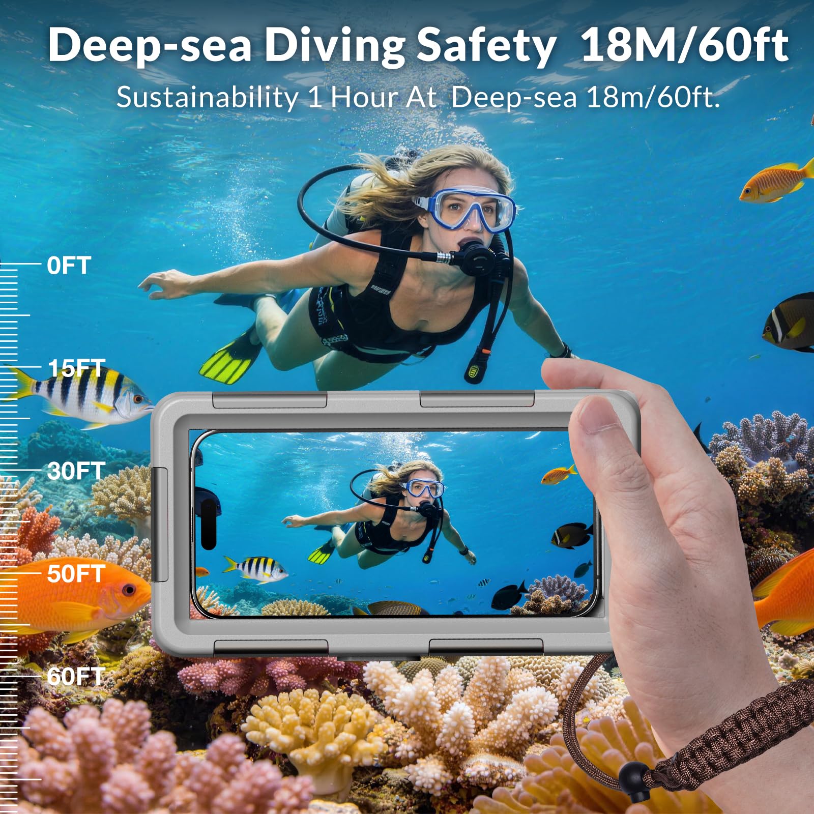 2025 - Funda para teléfono de buceo subacuático para teléfono 17/16/15/14/13/12Pro Max/Galaxy S25/S24/S23. (15 m), funda impermeable profesional de buceo submarino para video fotográfico (gris)