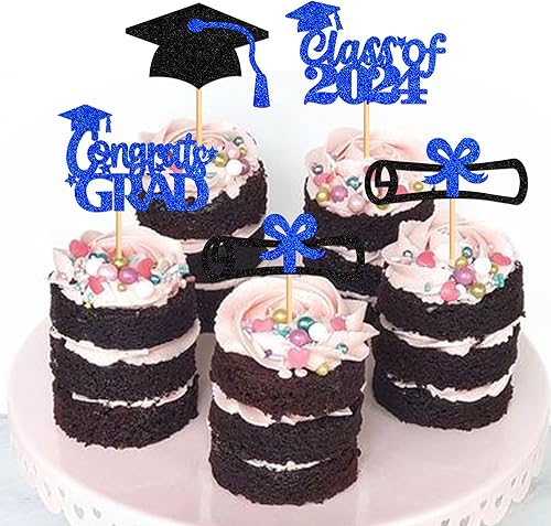 Miniatura 3 de Ercadio Paquete de 24 adornos para cupcakes de graduación 2024 con purpurina azul, para diploma de graduación para la clase de 2024, felicitaciones