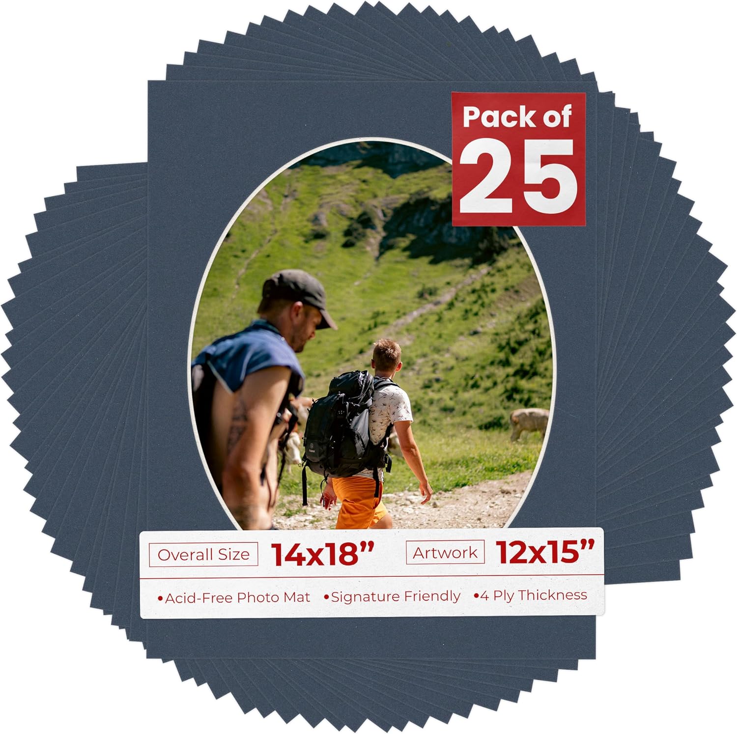 Poster Palooza 14x18 Mat Bevel Cut for 12x15 Photos - Precut Navy Blue Oval Shaped Photo Mat Board Opening - Acid Free Matte to Protect Your Pictures - Bevel Cut for Family Photos, Pack of 1 Matboard